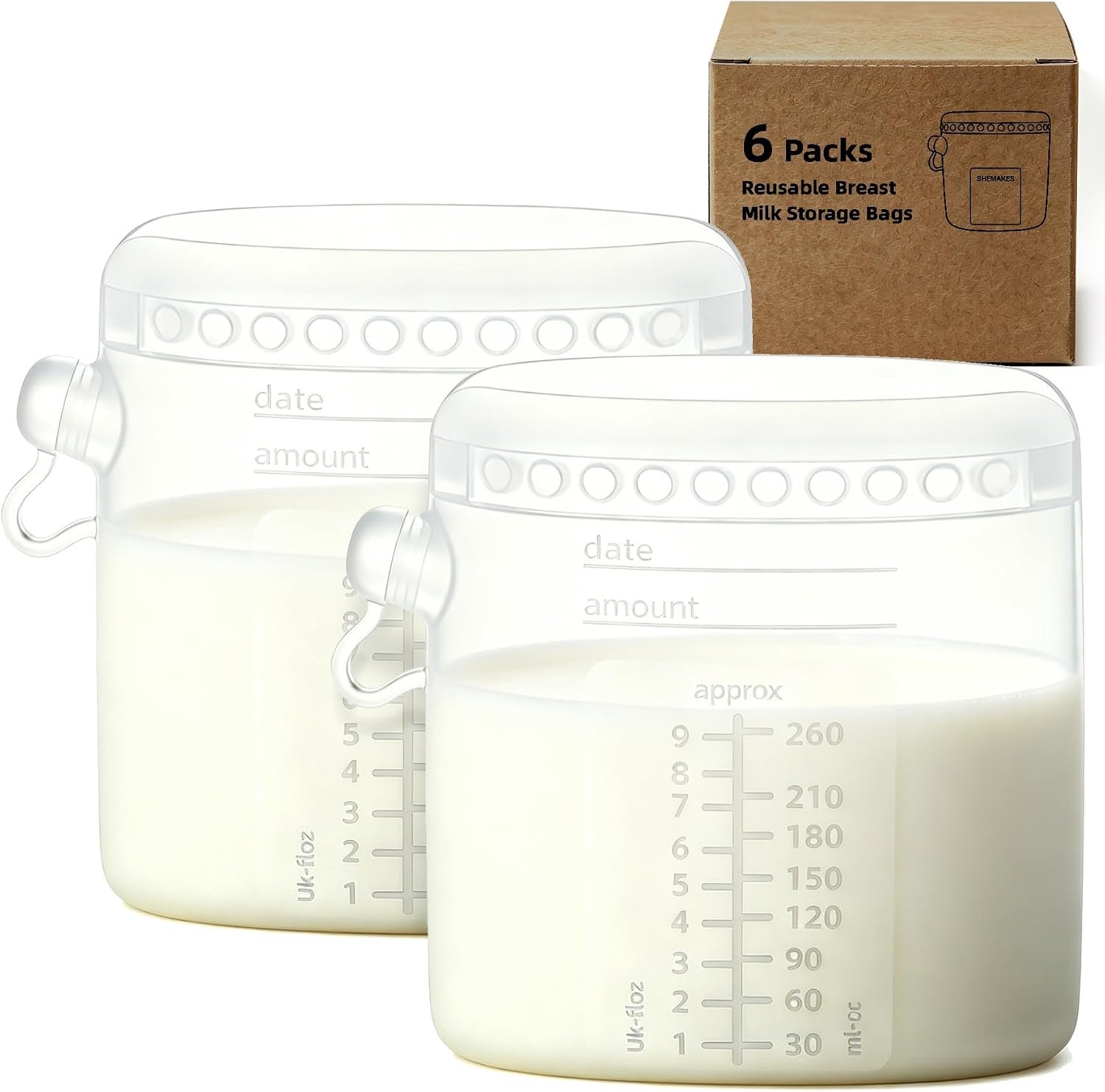 6 Pcs Reusable Silicone Breast Milk Storage Bags freezer with Double-Seal Design 9oz/260ml, BPA Free, One-Piece, Self-Standing Milk Bags for Breastfeeding, Baby Food Pouches