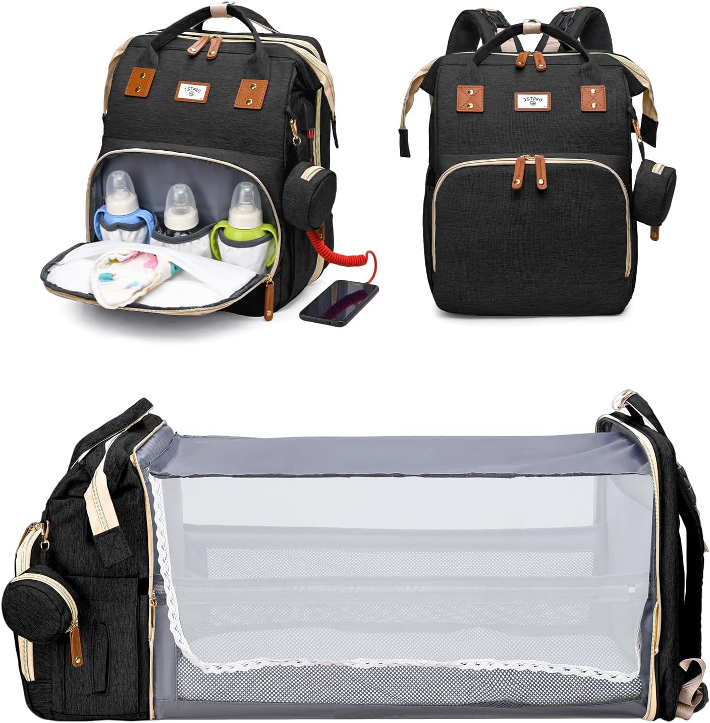 JSTPRO Diaper Bag Backpack with Changing Station, 25L Capacity, Black