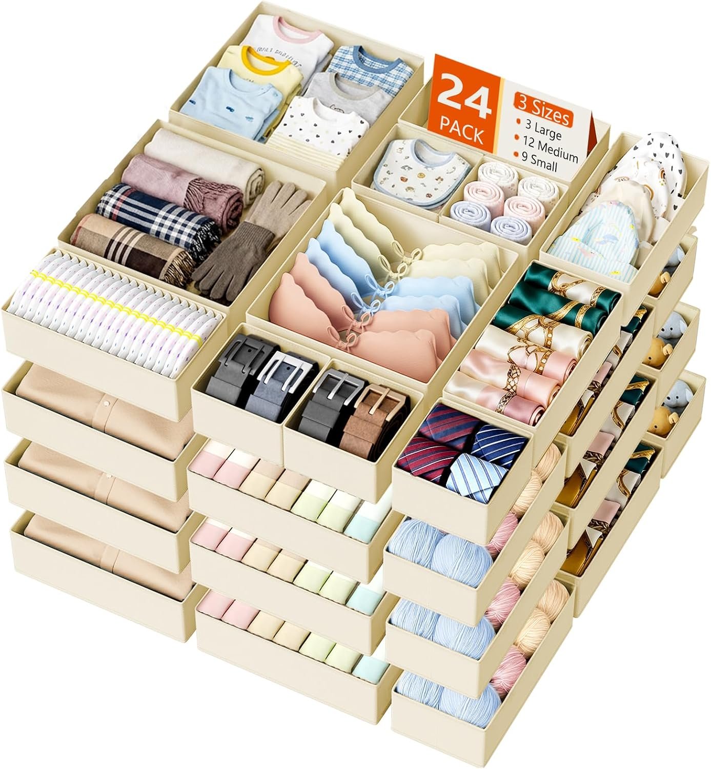 DIMJ Drawer Organizer Clothes 24 Pack – Foldable Baby Organizers and Storage Dresser Organizer for Bedroom, Closet Nursery Organization Dresser Dividers for underwear, Sock, Bra, Belt, Tie