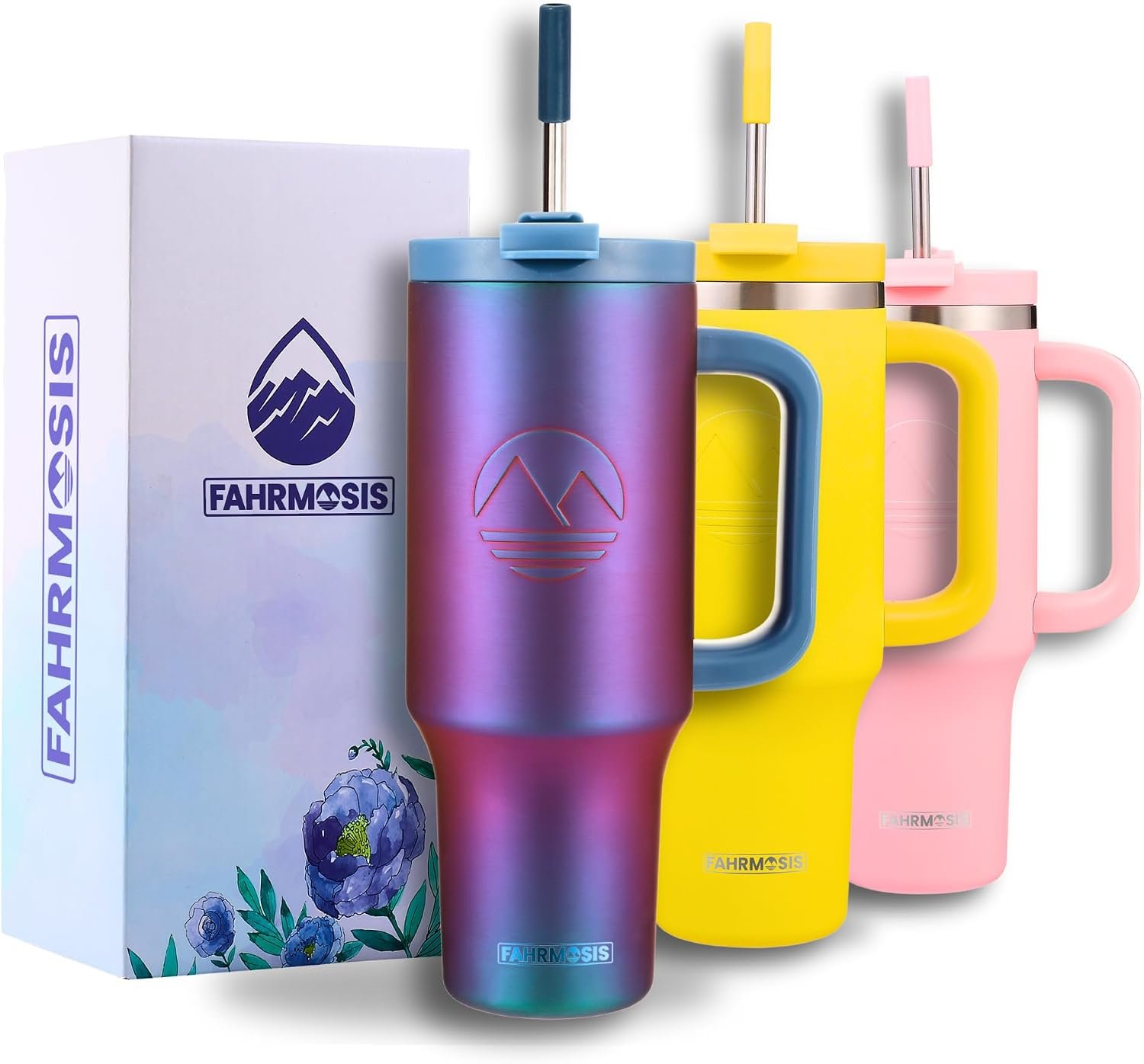 FAHRMOSIS 40 Oz Tumbler with Handle and Straw Insulated Cup that Fits in Cup Holder for Hot & Cold Drinks Leak Proof Tumbler with Straw Stainless Steel Travel Mug for Men & Women – Violet