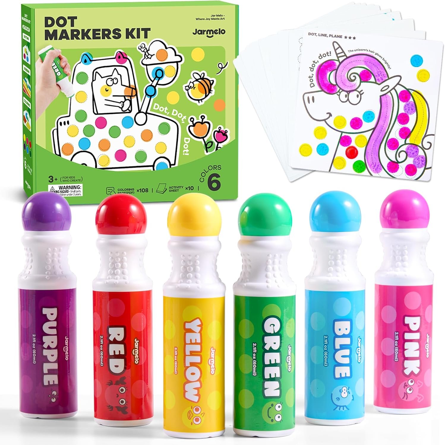 Jar Melo Washable Dot Markers for Kids, 6 Colors, Large 60ML