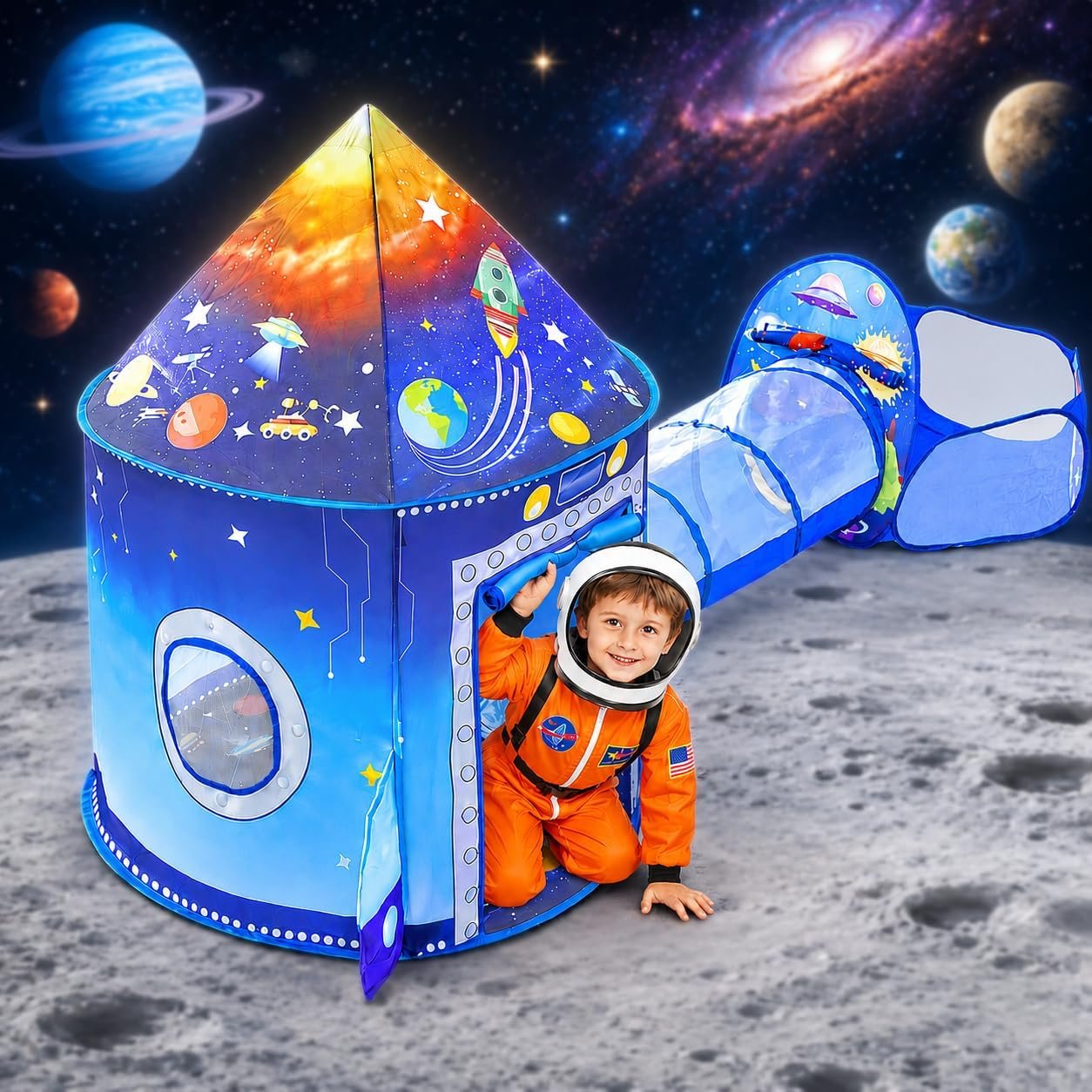 WillingHeart 3 in 1 Rocket Ship Play Tent with Tunnel & Ball Pit for Kids, Astronaut Themed Pop-Up Playhouse for Indoor & Outdoor, Foldable Space Adventure Gift for Boys & Girls