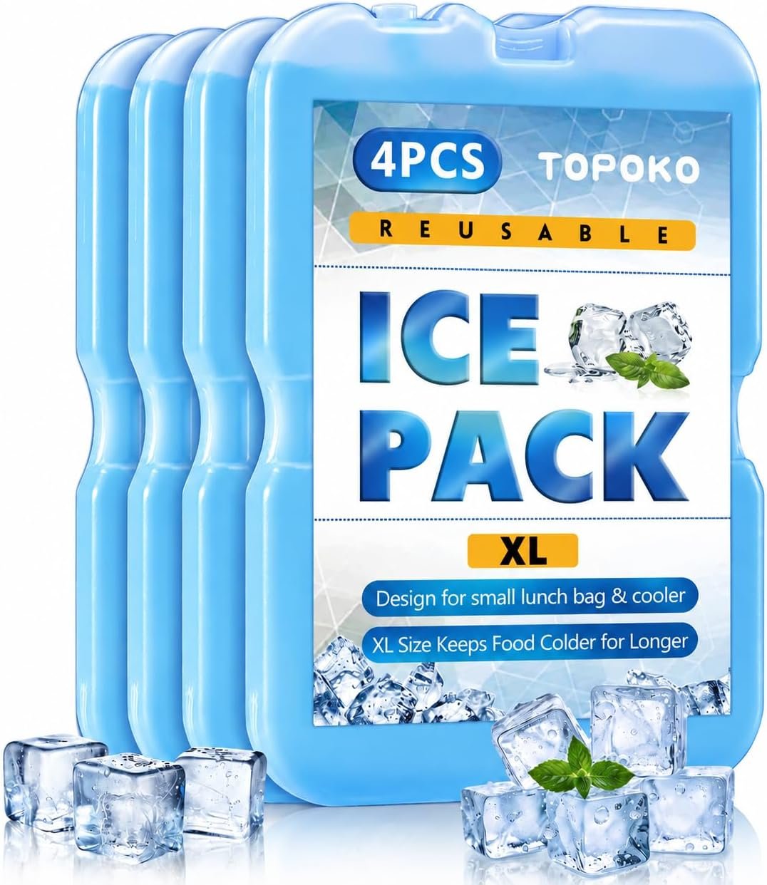 TOPOKO XL Ice Packs for Lunch Bags, Coolers & Freezers –4/8 Pack Reusable Gel Ice Packs, BPA-Free, Slim, Long-Lasting Cold, Quick Freeze for Picnic, Camping, Beach, Hiking & Outdoor Sports
