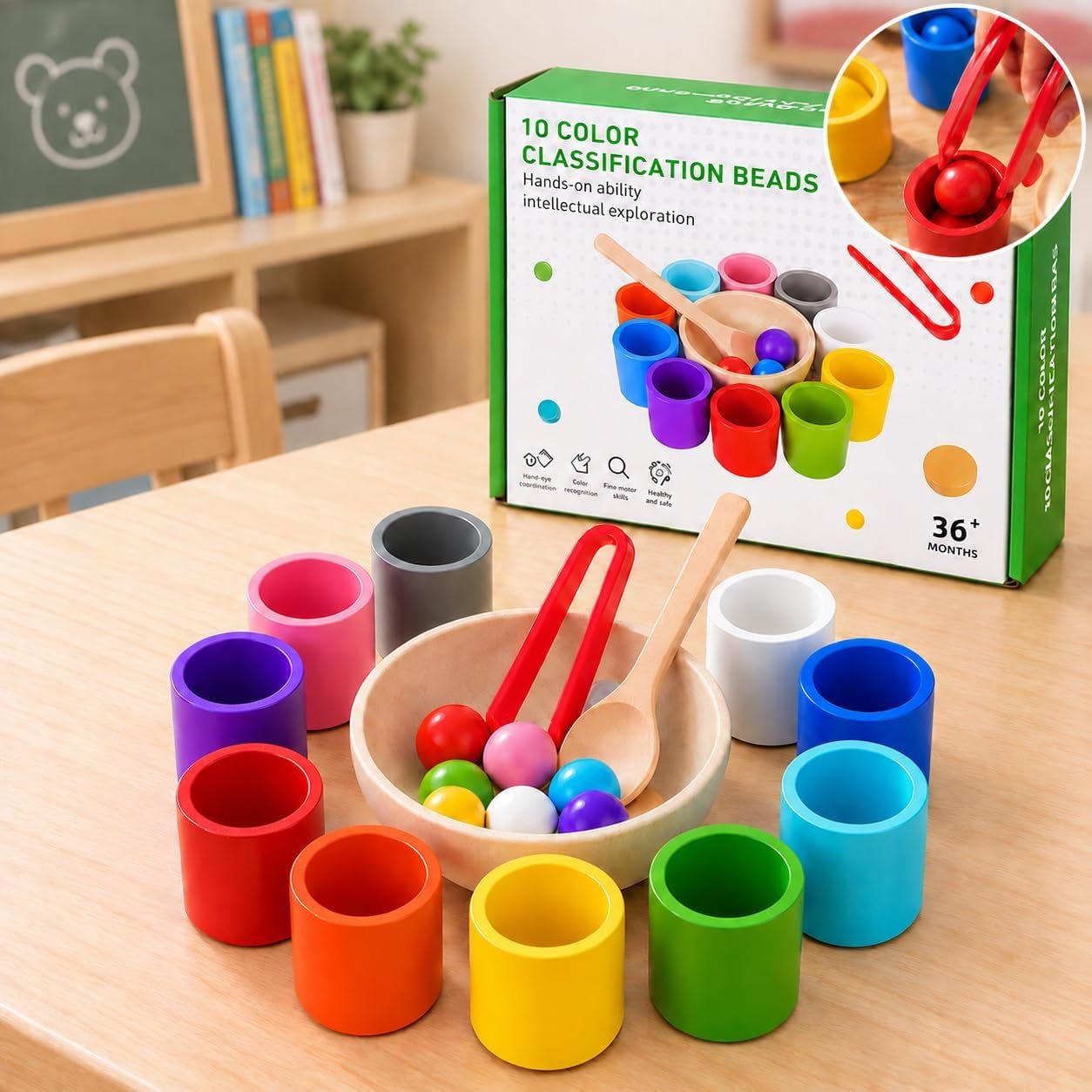 Color Sorting Toys, Wooden Montessori Rainbow Matching Game for Kids 3+