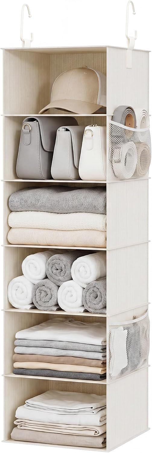 StorageWorks 6-Shelf Hanging Closet Organizer, Hanging Shelves for Closet, Fabric, Mixing of Beige, White & Ivory, 12″ D x 12″ W x 47 1⁄2″ H
