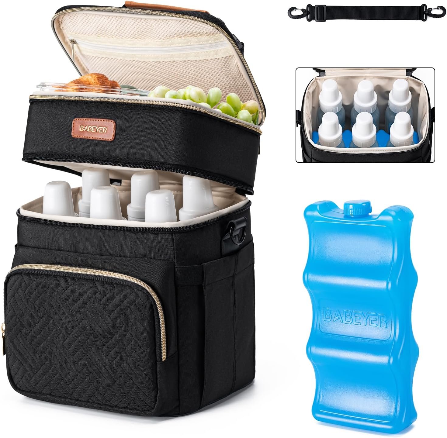 Breastmilk Cooler Bag with Ice Pack Fits 6 Baby Bottles Up to 9 Ounce, Double Deck Leak-Proof Baby Bottles Bag with Shoulder Strap for Nursing & Working Mom,