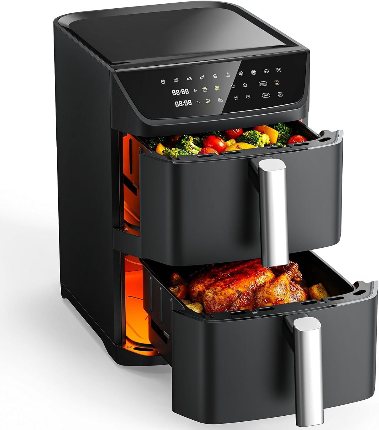 Dual Basket Air Fryer, 12.6QT Family-Size for 10–12 People, XL Basket for 6LB Whole Chicken, DoubleStack Compact Design, 10-in-1 Functions with Reheat, Dehydrate & SyncFinish, Dishwasher-Safe, Black