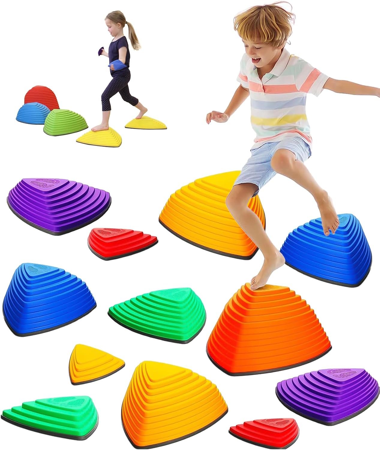 Giggle & Play Stepping Stones For Kids, Set Of 12 Montessori Indoor & Outdoor Sports Balance Stepping Stones, Promotes Coordination, Balance Strength, Child Safe Rubber, Vibrant Colors, Non-Slip Edges