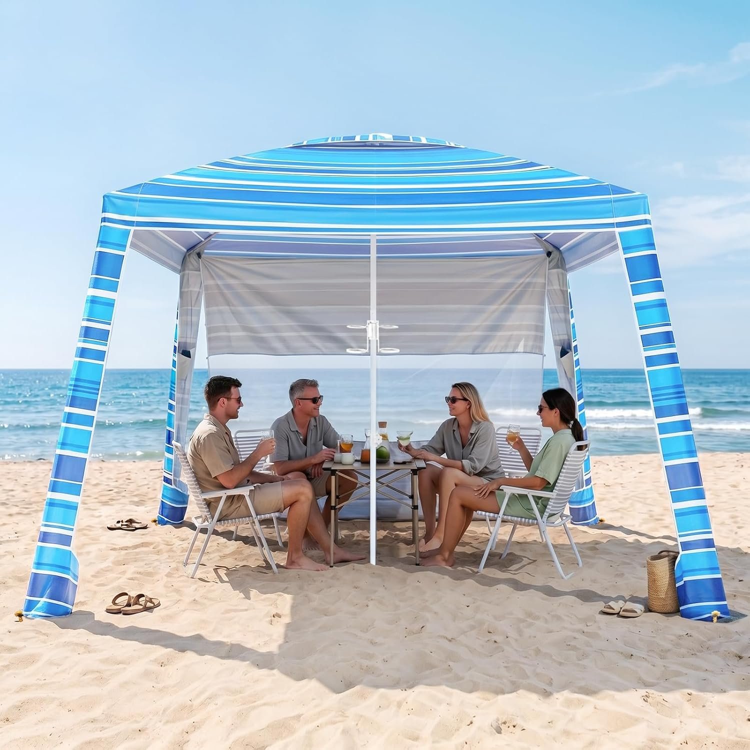 8’x8′ Beach Cabana, UPF 50+ Large Beach Canopy with Side Wall, Easy Setup Pop Up Sun Shelter, Adjustable Height & Wind Resistant Beach Tent for 4-6 Person Family, Light Blue