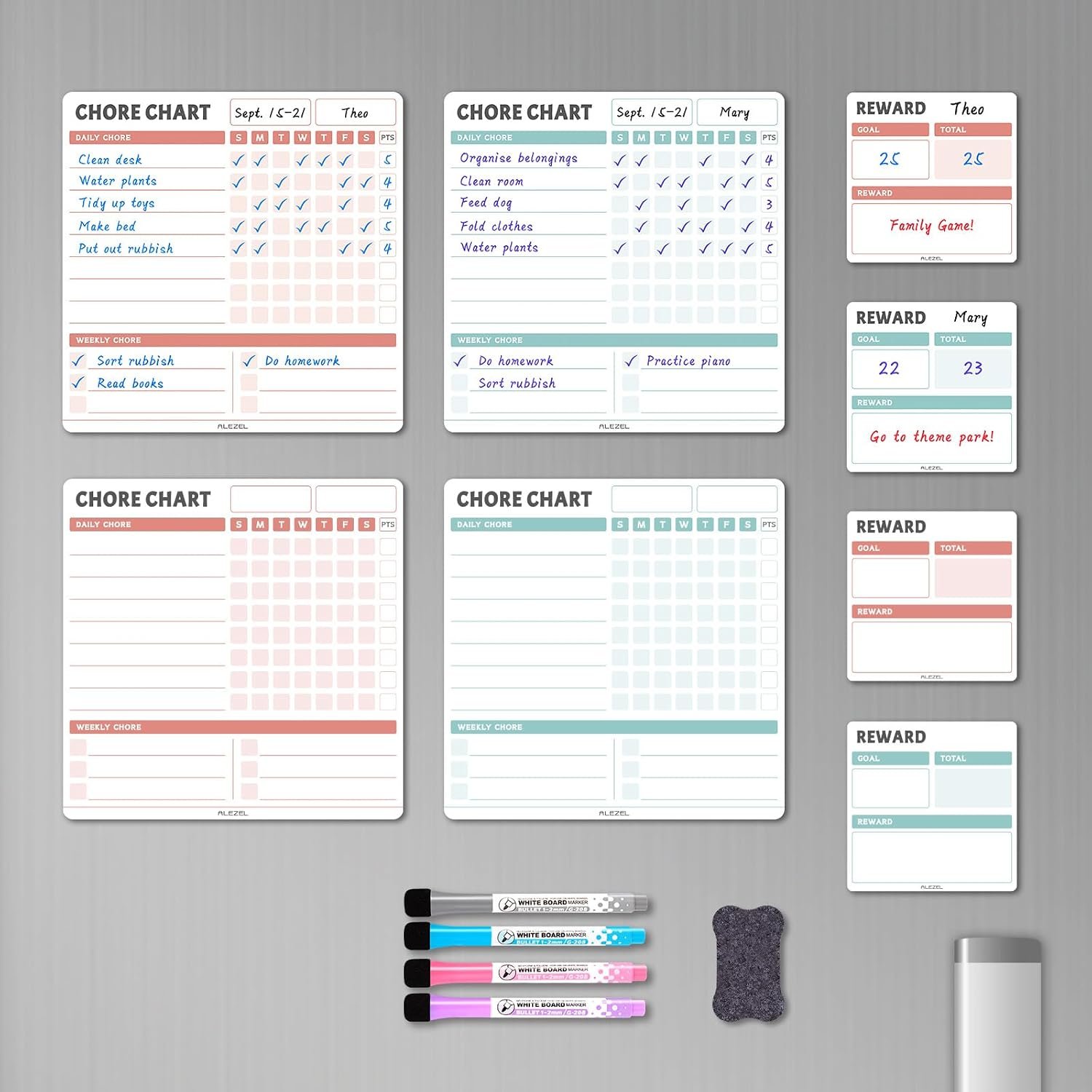 ALEZEL Magnetic Chore Chart for Kids Multiple Kids, Dry Erase Fridge Chore