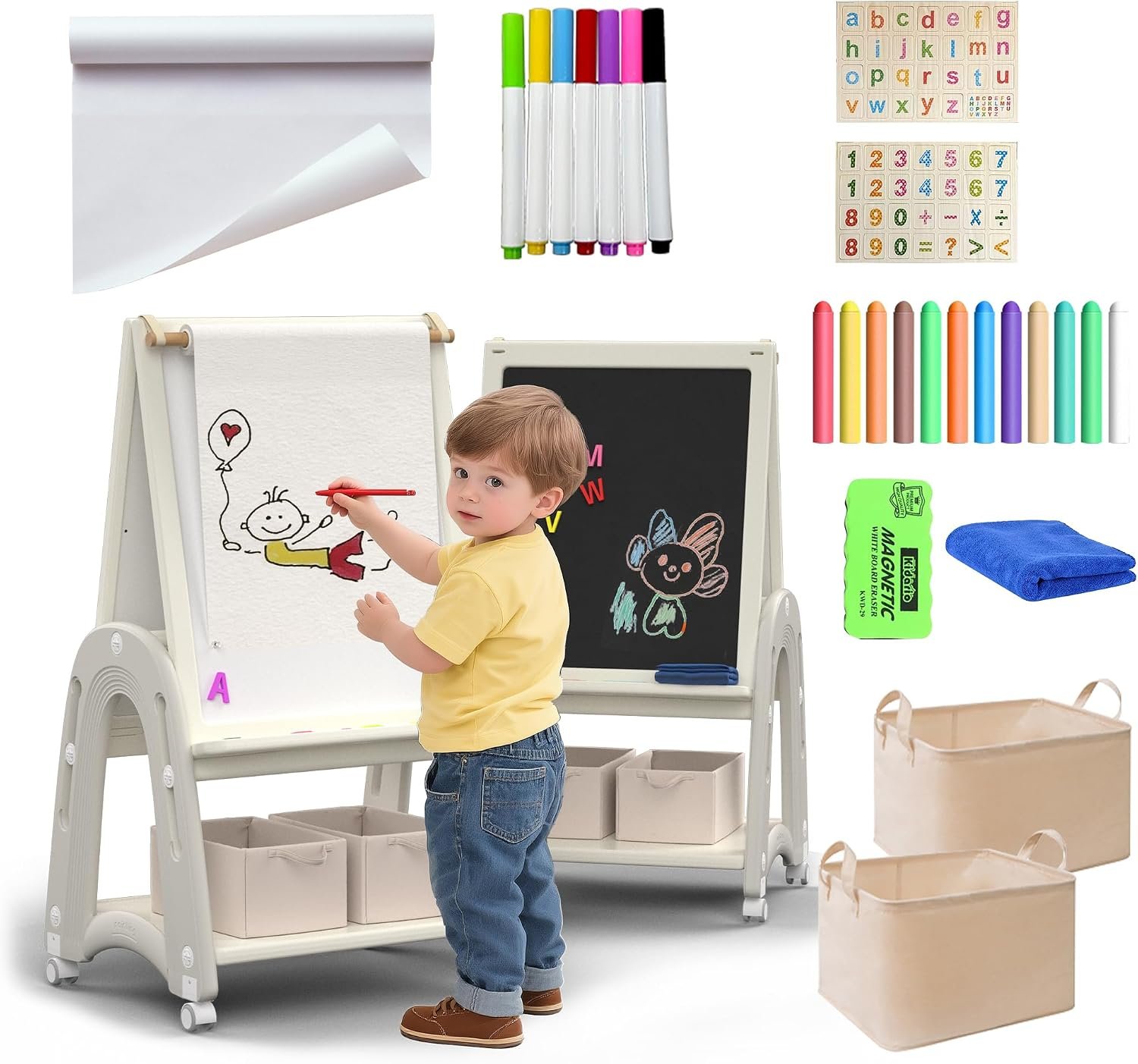 Art Easel for Kids 2-4 with Wheels, Whiteboard, Chalkboard & Paper Roll Adjustable Height 3-in-1 Toddler Easel for 2-4 Year Old Painting Easel for Kids with Storage & Accessories, Grey