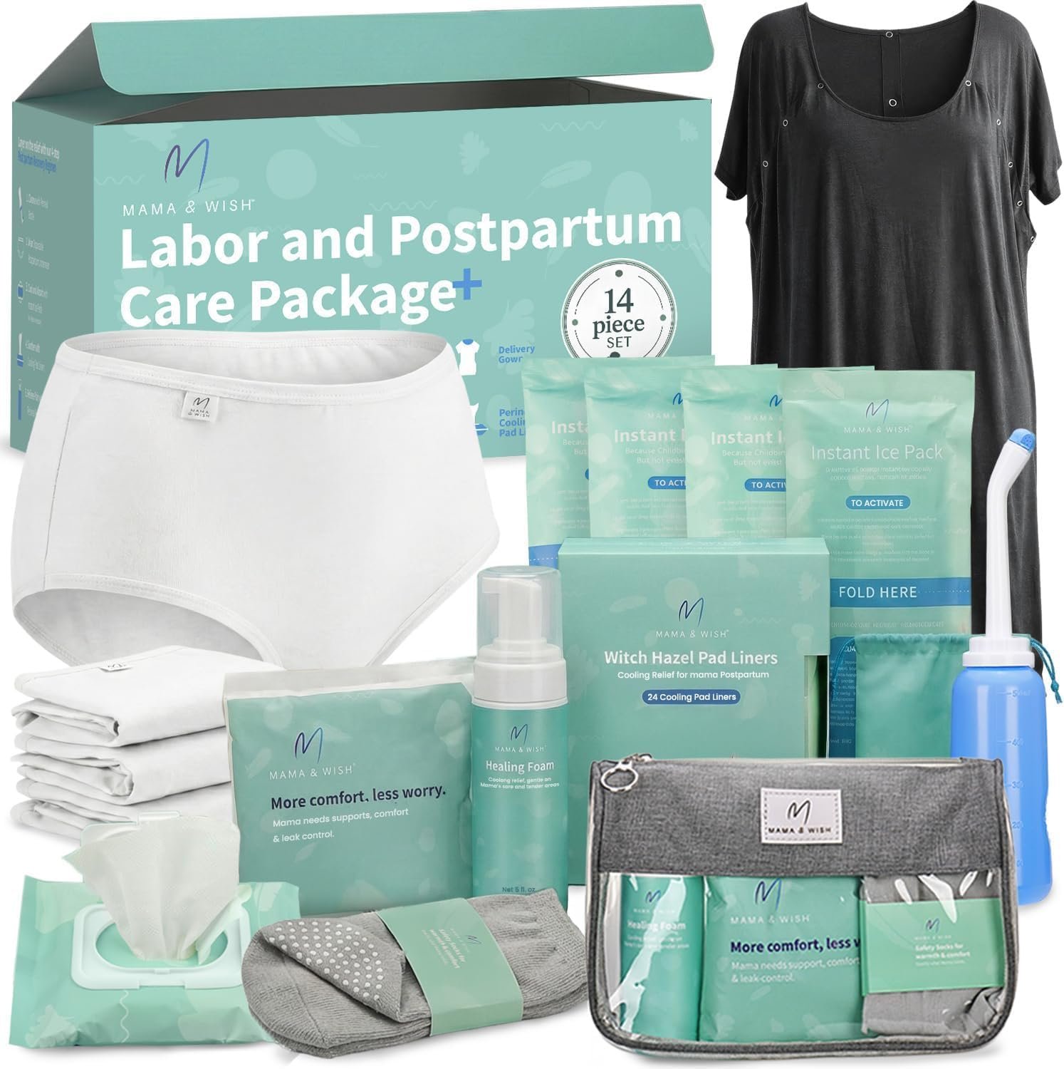Mama & Wish Postpartum Essentials Kit, 14-Piece | Labor & Delivery Gown