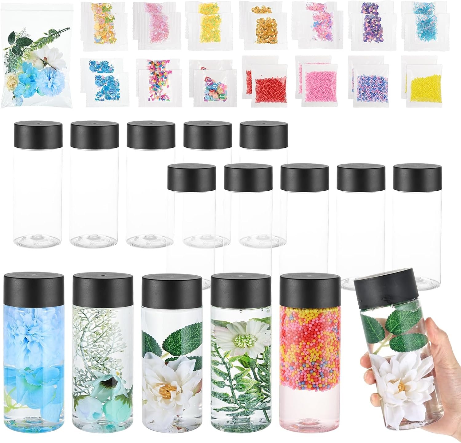 YEXEXINM 16pcs Empty Sensory Bottles Kits, 300 ml Leakproof Clear Plastic Sensory Bottle with Lids with Sequins Accessories, Reusable Water Bottles for Sensory Crafts Handmade Party Supply