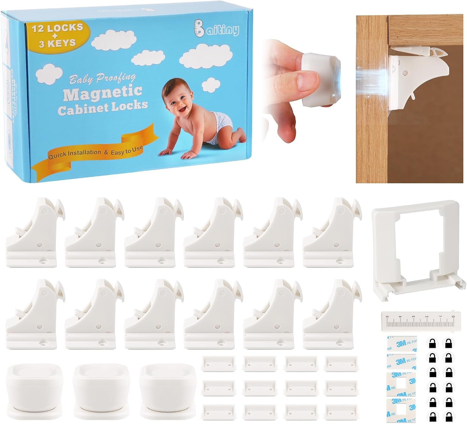 Magnetic Cabinet Locks for Baby Proofing, 12 Pack with 3 Keys
