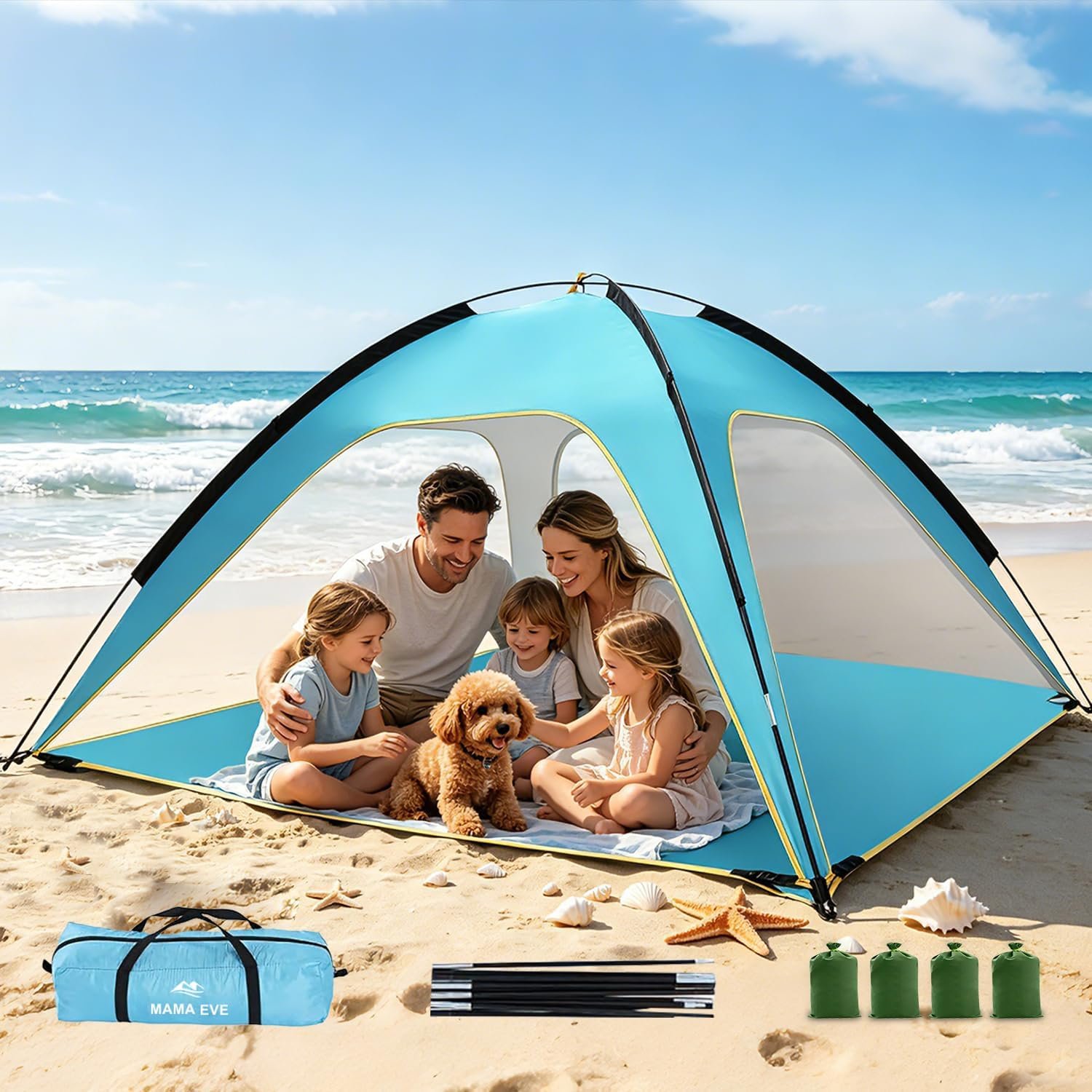 Beach Tent Sun Shelter, 3-5 Person Pop Up Beach Tent, Easy Setup UPF 50+ UV ProtectionBeach Sun Shade, Lightweight & Compact Beach Umbrella for Family Travel