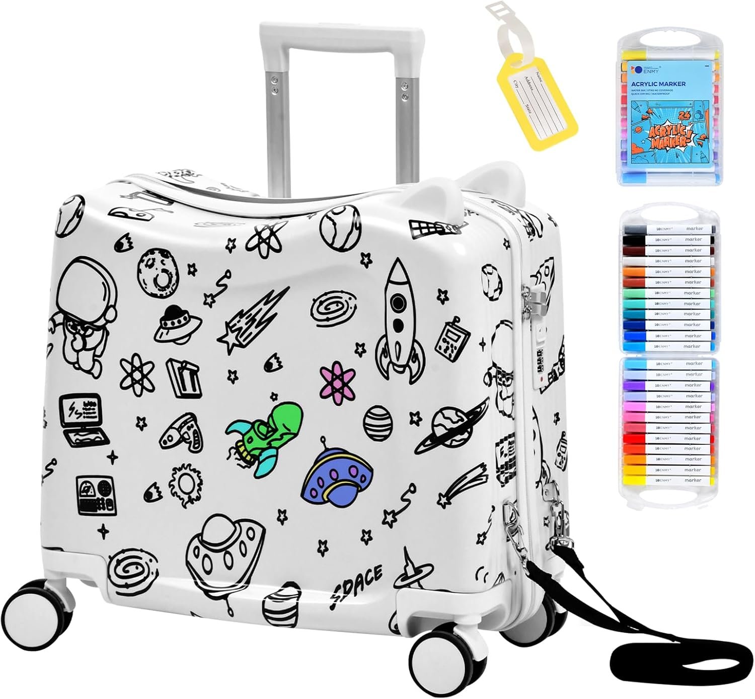Kids Ride-On Suitcase with Cute Ears, 20″ Carry-On Luggage with TSA Lock