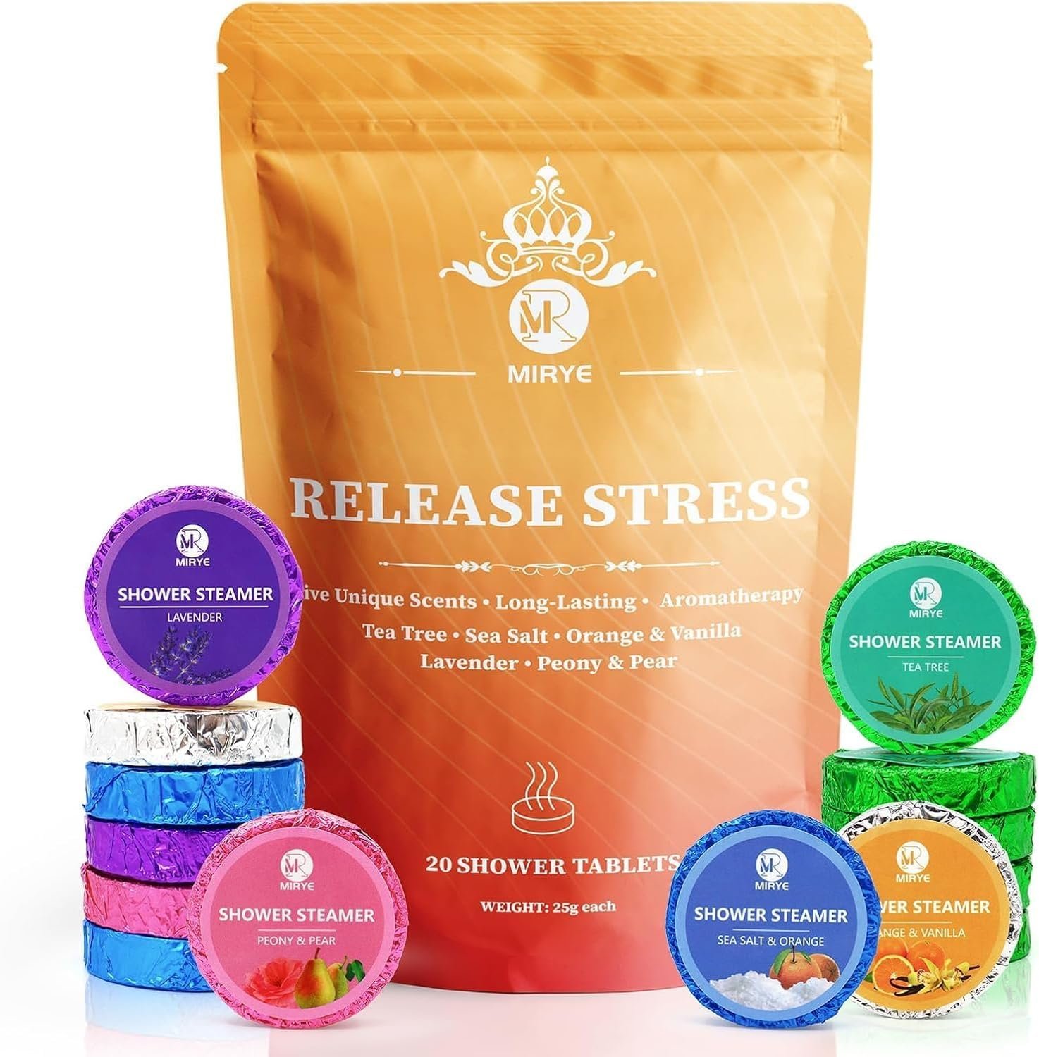 MR MIRYE Shower Steamers Aromatherapy, Valentine’s Day Gifts for Women and Men, 20-Pack Organic Shower Bombs with Essential Oil, Tea Tree, Orange & Vanilla, Sea Salt, Lavender, Peony & Pear