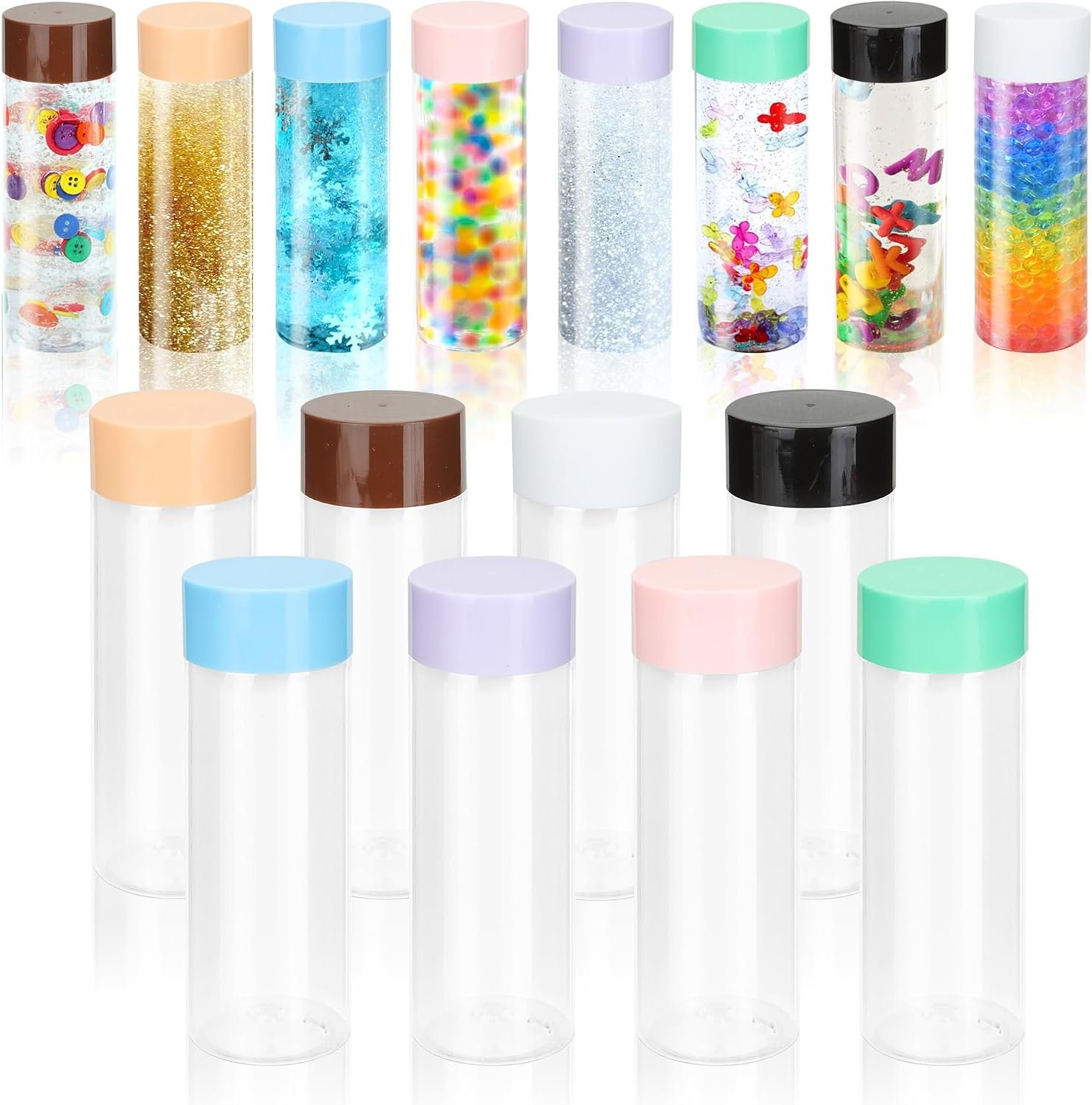 16 Pcs Sensory Bottles with Lids, 13.5 oz Leakproof Clear Plastic Water Bottles Reusable Empty for Sensory Crafts Classroom Handmade Party Supply (Multi Colors)