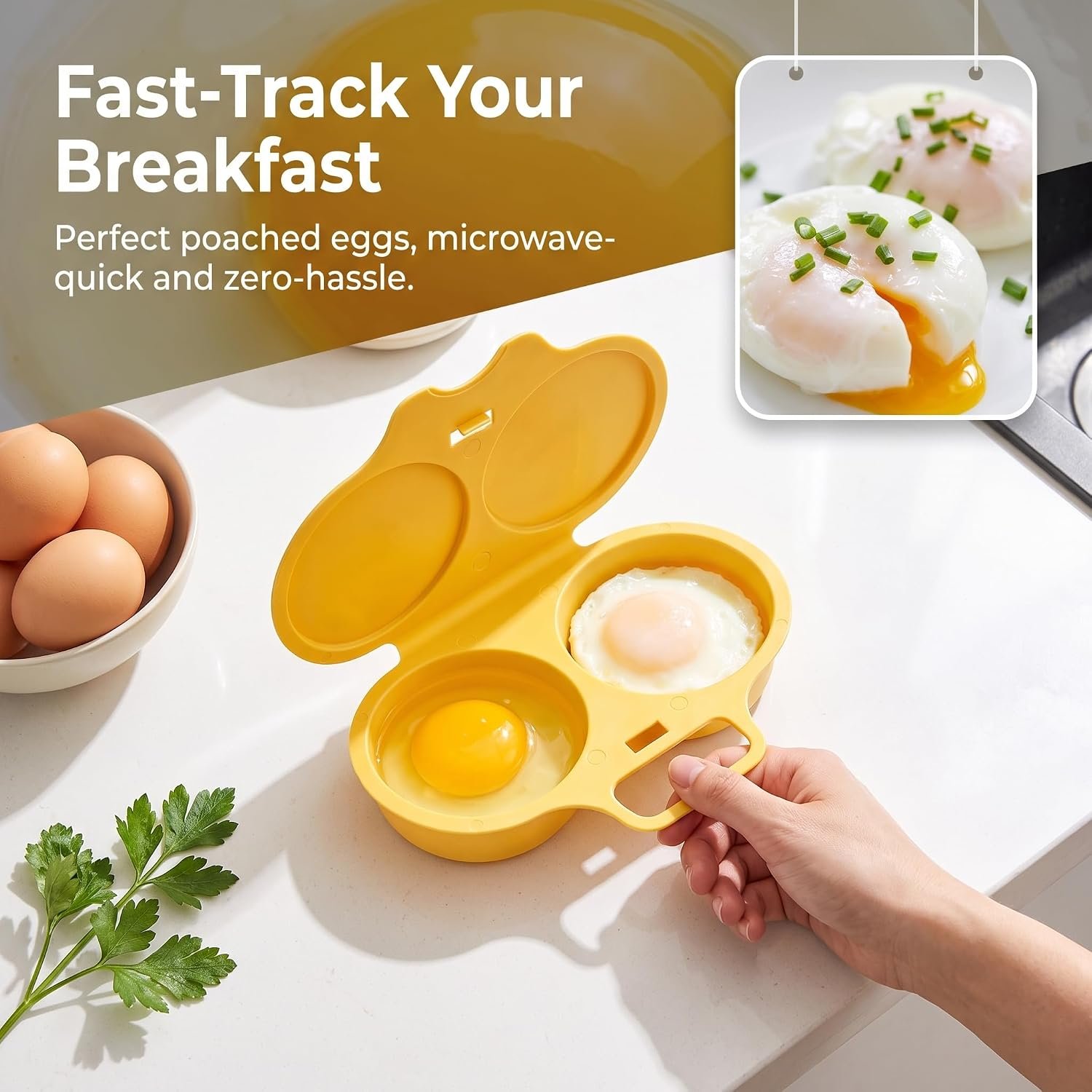Dual Cavity Microwave Egg Poacher with Lid and Handle, 2‑Cup Microwave Egg Cooker for Home, Dorm and Office Use (1, Yellow)