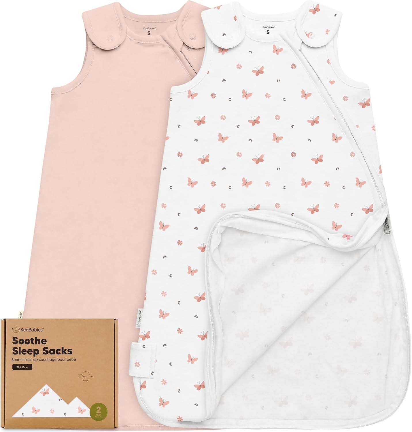 2-Pack Organic Baby Sleep Sacks, 100% Cotton 0.5TOG (Butterflies, 0-6M)