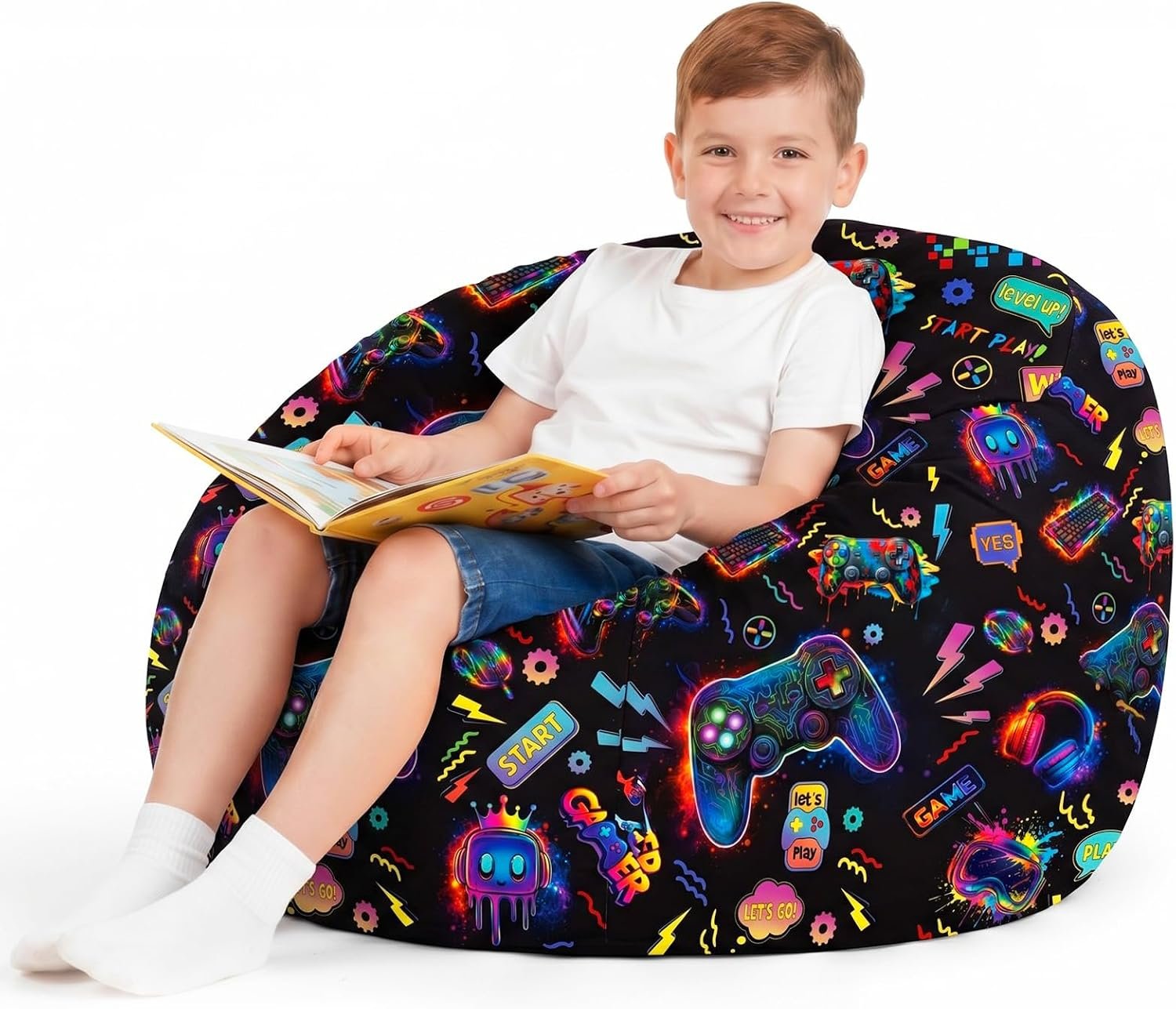 Boao 30 Inches Stuffed Animal Storage Bean Bag Cover, Neon Game, 1 Pc