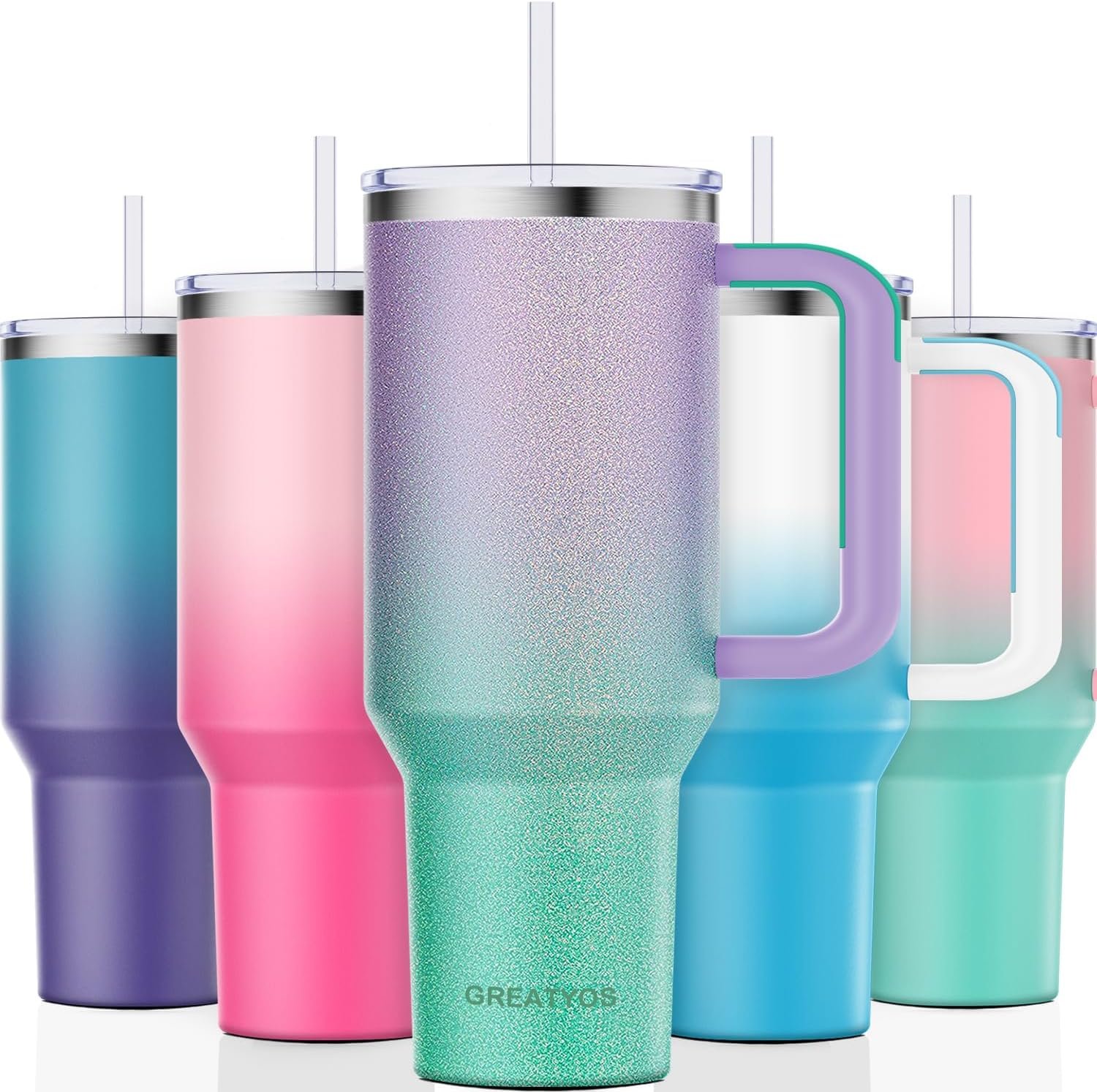 Greatyos 40 oz Tumbler with Handle and Straw Lid Insulated Tumblers Cups with Lids Straws Double Wall Vacuum Leak Proof Stainless Steel 40oz Tumbler Travel Mug Gifts for Men Women Him Her (Glitter)