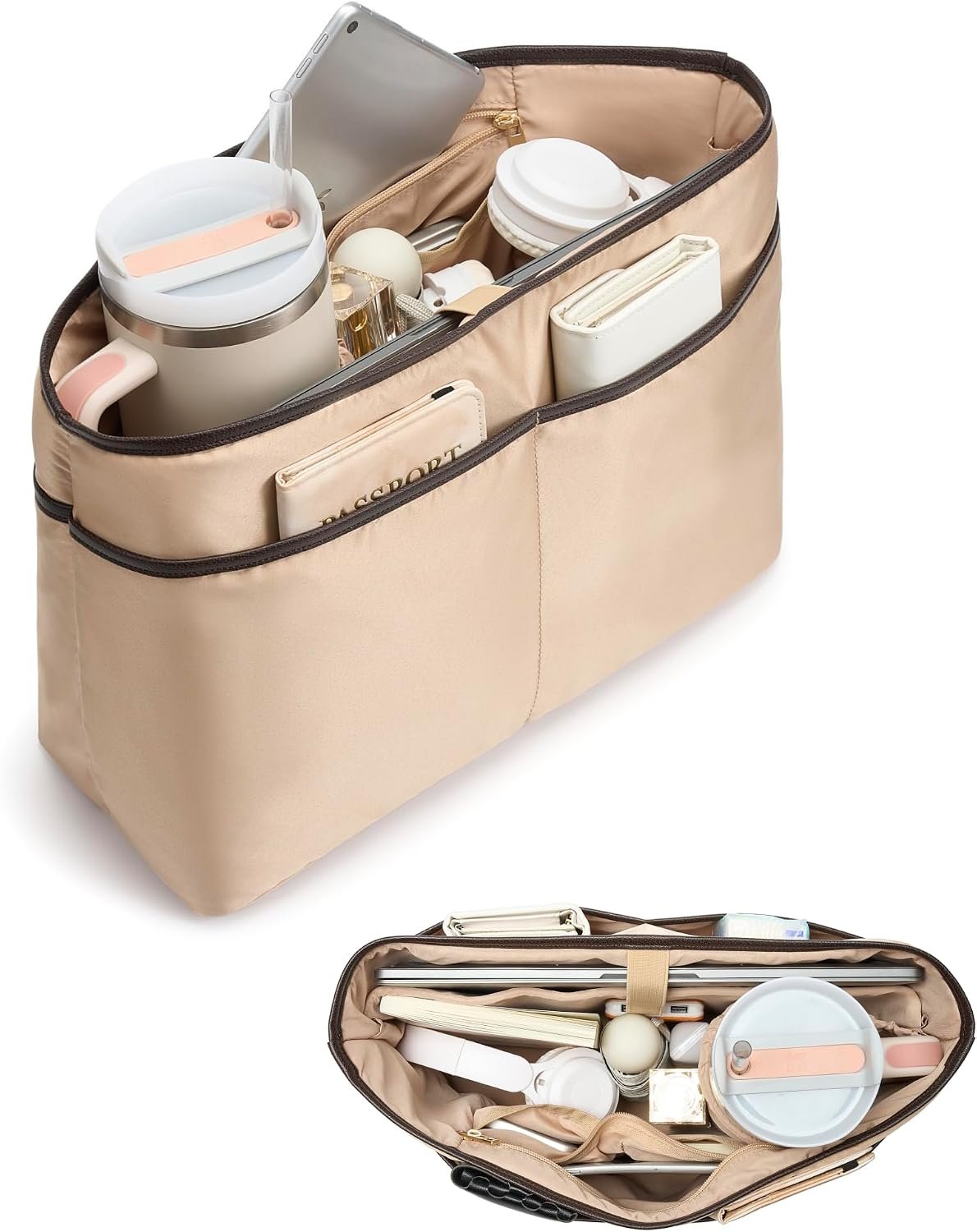 TOVICE XL Purse Organizer Insert for Tote Bag with 40oz Cup Holder & 16″ Laptop Sleeve – Satin Bag Organizer with 10 Pockets, Light Weight,Compatible with Neverfull GM, XL Tote Bag Organizer Insert