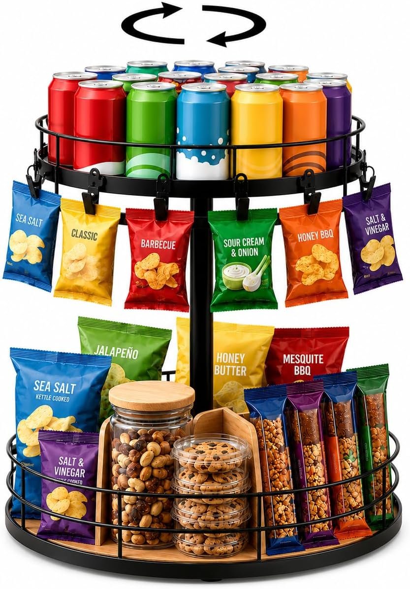 2 Tier Snack Organizer for Office Lazy Susan with Chip Clips