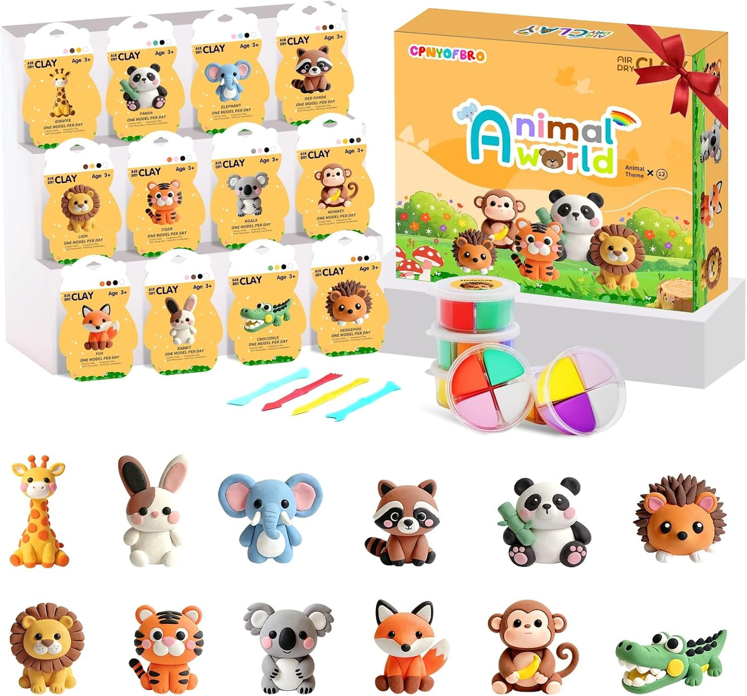 Air Dry Clay Kit – 12 Animal Modeling Clay for Kids, Complete DIY Clay Craft Set with Sculpting Tools & Step-by-Step Tutorials, Ultra Soft & Non-Sticky Clay, Children’s Day Gift Ideas