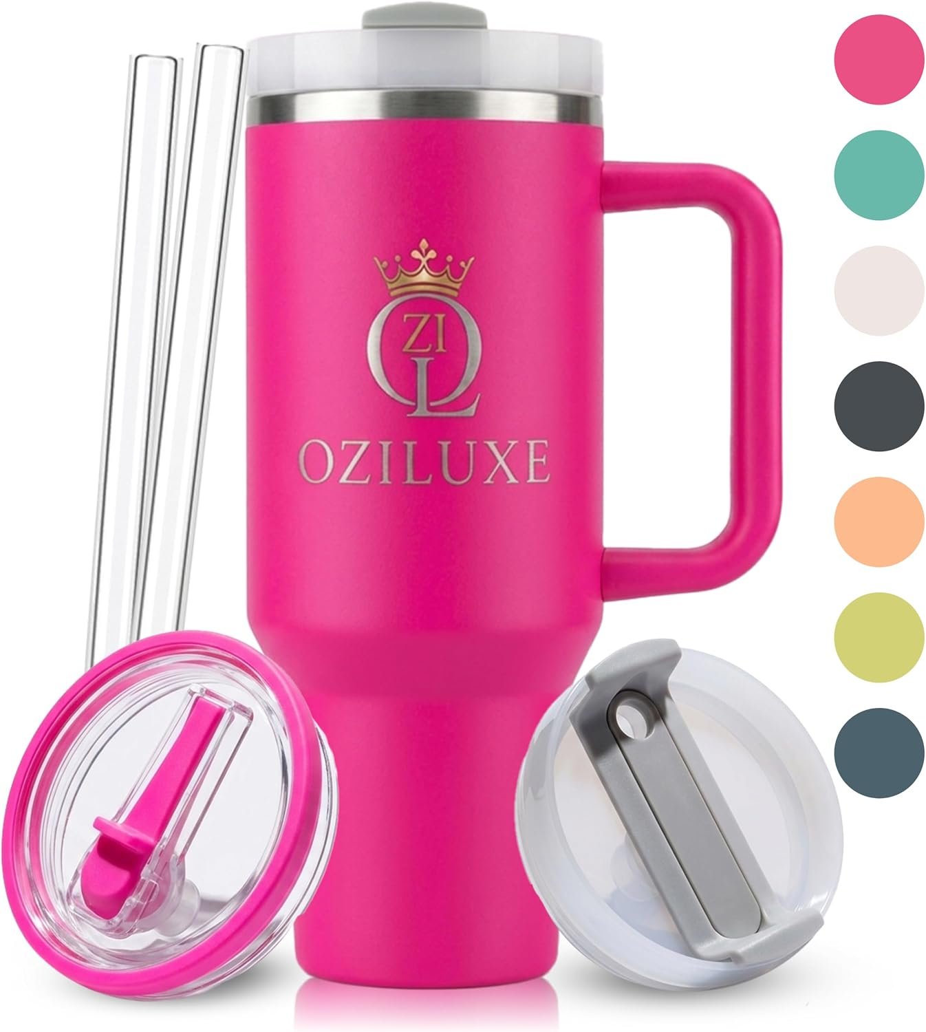40oz Tumbler with Handle | 2 Lids and 2 Straws (Flip + Sip) | Vacuum Insulated Coffee Tumbler for Hot and Cold | BPA Free Stainless Steel Travel Mug | Leak Resistant (Bright Pink)