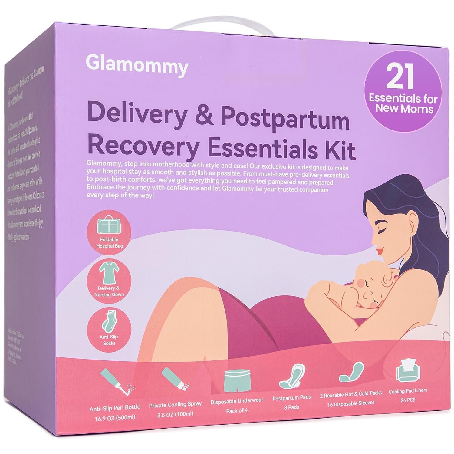 Glamommy Upgraded Postpartum Recovery Essentials Kit for Labor & Delivery