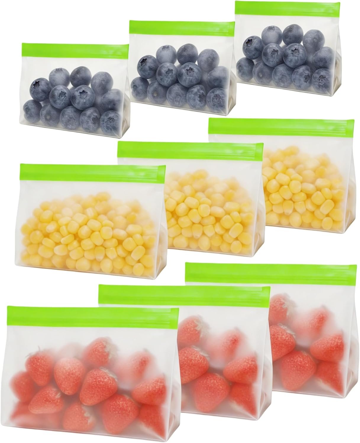 PABCK 9 Pcs Reusable Silicone Produce Freezer Bags Self Seal Green 3S+3M+3L