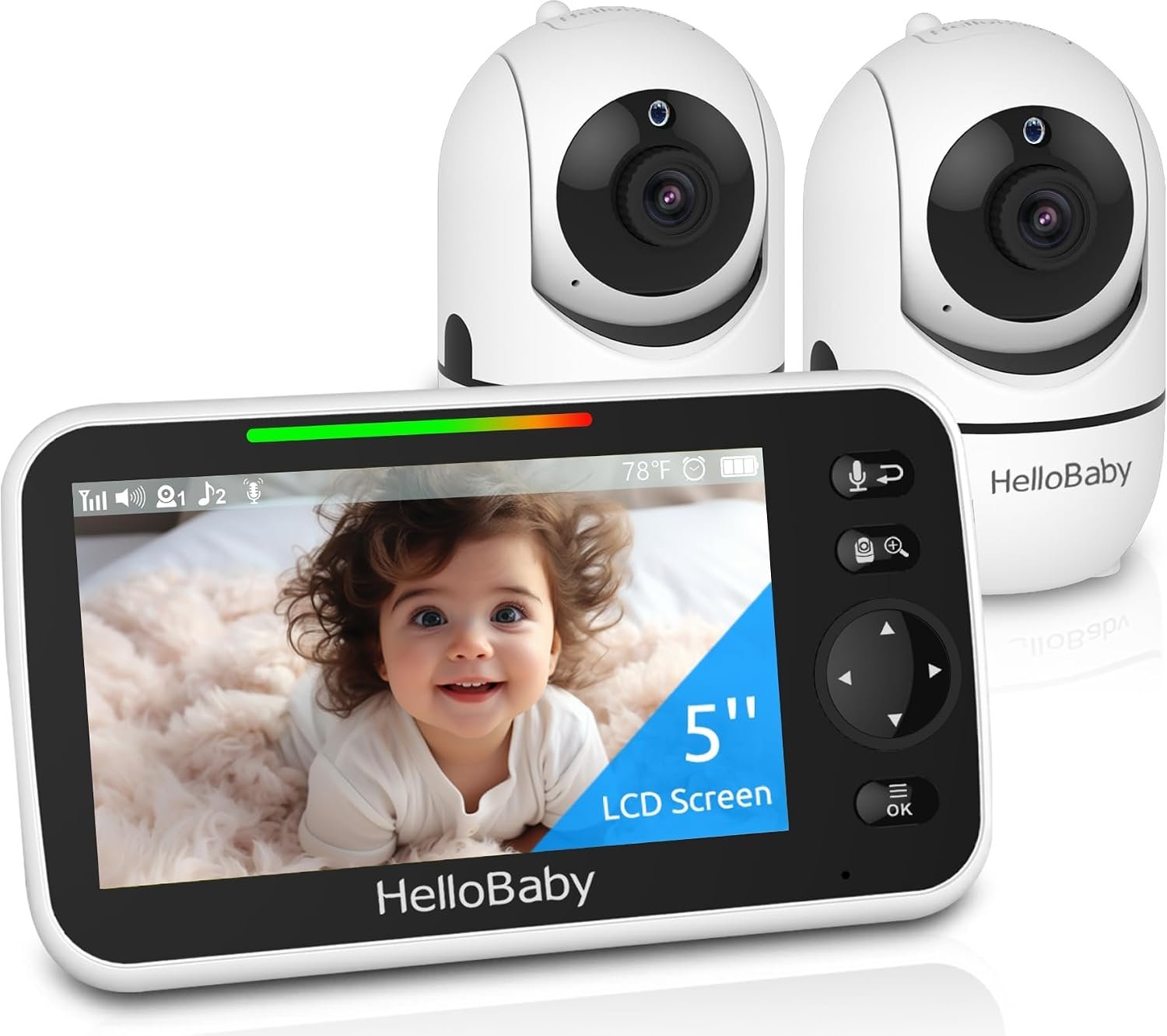HelloBaby No WiFi Baby Monitor 2 Cameras and Audio HB6550, 5″ Video Screen