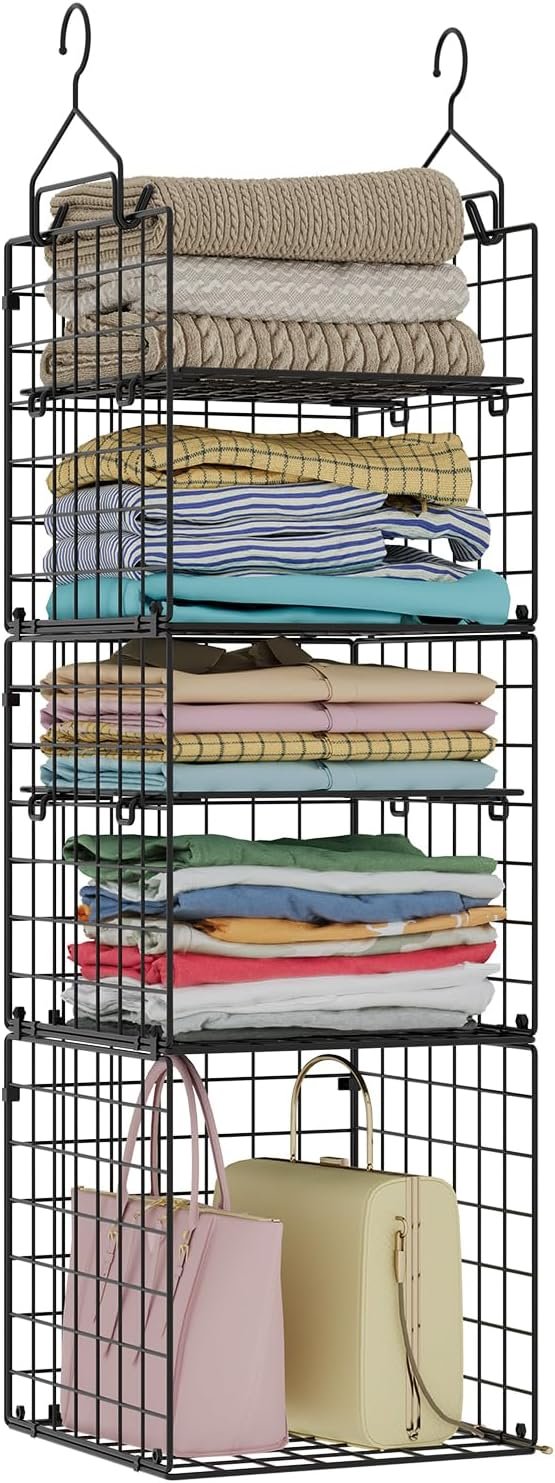 X-cosrack Hanging Closet Organizer and Storage – 5-Tier Closet Storage Organizer Baskets for Clothes & Adjustable Collapsible Metal Closet Hanging Organizer Shelves for Sweaters Shoes Handbags
