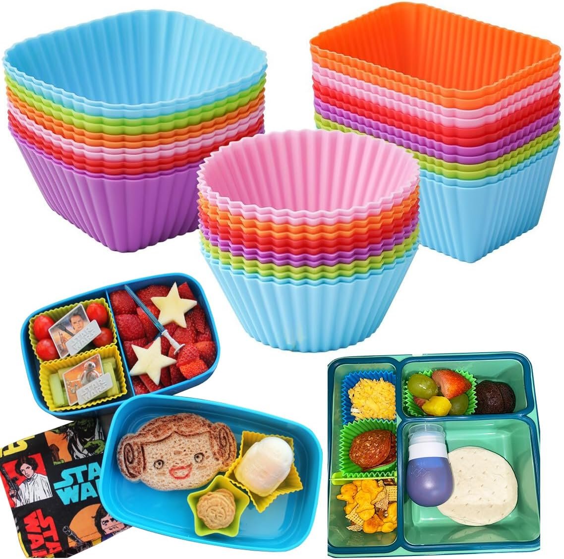 Doiaz Silicone Bento Lunch Box Dividers 3 Shapes of Standard Round & Square & Rectangle – Reusable Silicone Cupcake Liners Non-Stick Muffin Cups for Baking