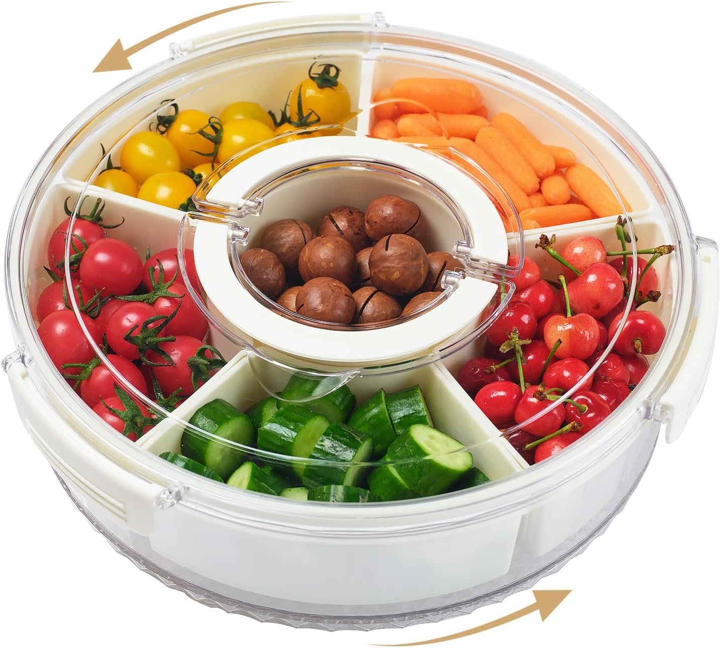 12″ Rotating Divided Serving Tray with Lid and Handle,6-Compartment Snackle Box Container,Portable Snack Tray for Fruit Candy Charcuterie,Spinning Round Platterbox Veggie Tray for Party Picnic