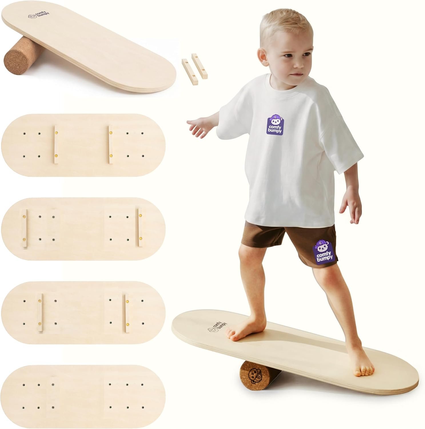 ComfyBumpy Balance Board for Kids with Cork Roller, 30″ x 12″ Wooden Balance Board, 4 Adjustable Levels, 400 lb Capacity, Progressive Balance Trainer for Kids, Parents & Family Play