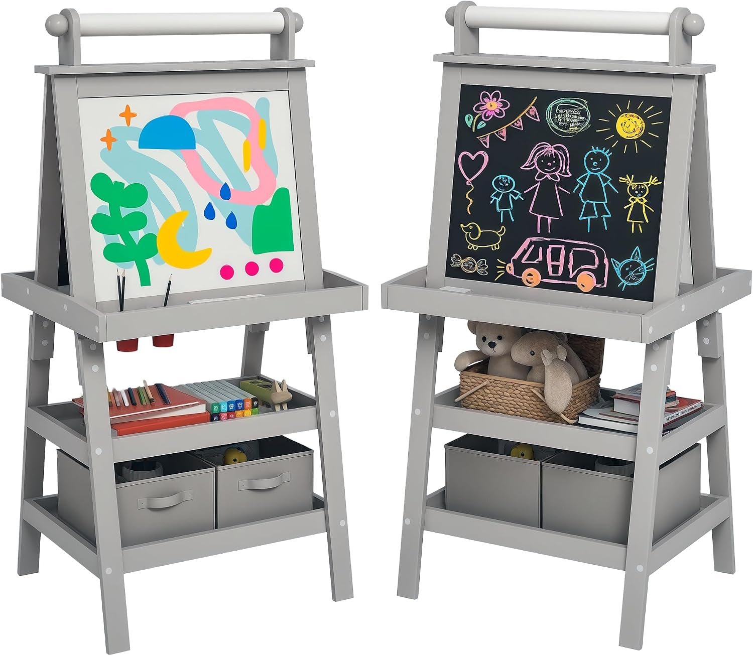 Qaba Easel for Kids Double Sided Kids Art Easel Paper Roll Ages 3-6 Y Gray