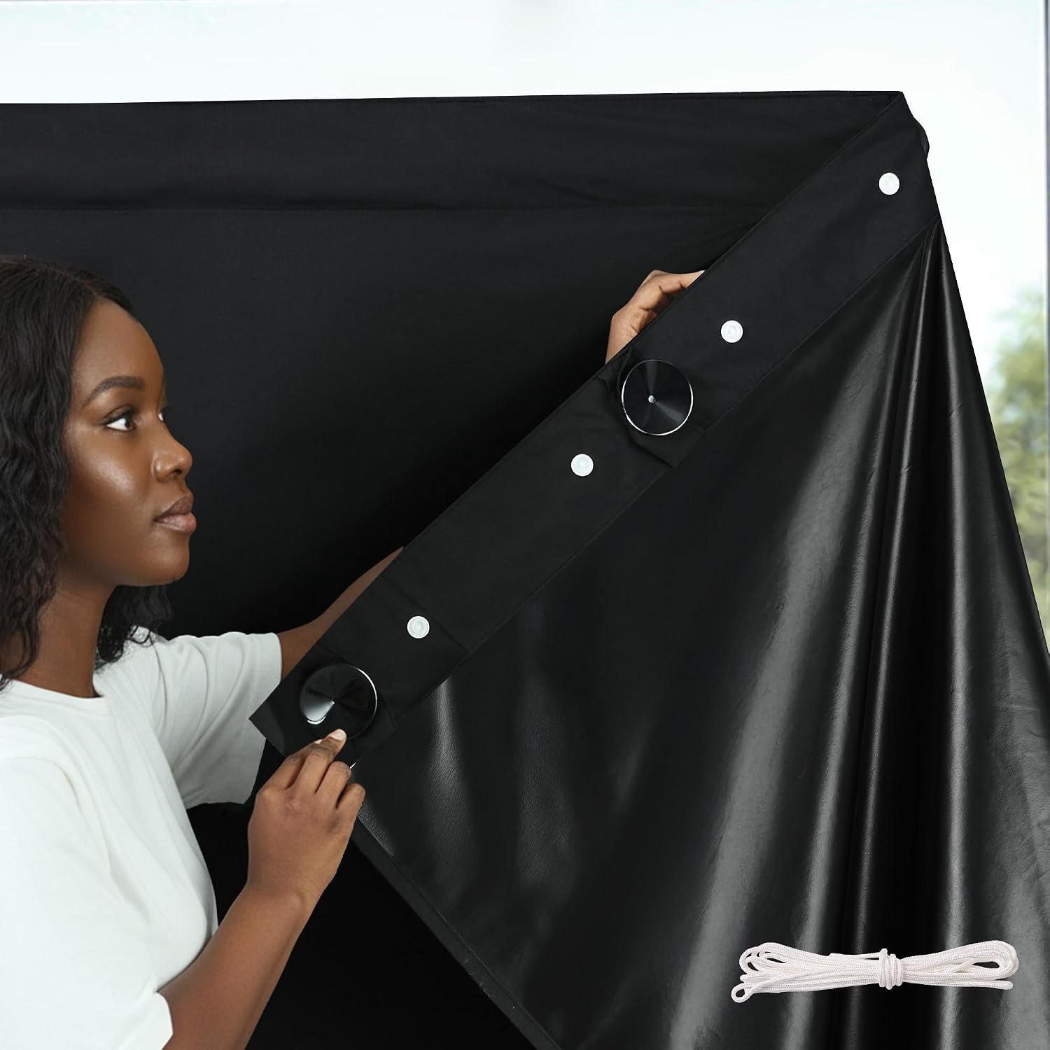 NICETOWN Adjustable Portable Travel 100% Blackout Curtain Shade 78 inch Long for Cafe and RV, Rod Pocket and Back Tab Drape with Suction Cups and No-Sew Snap, 50″ x 78″, Black, 1 Panel
