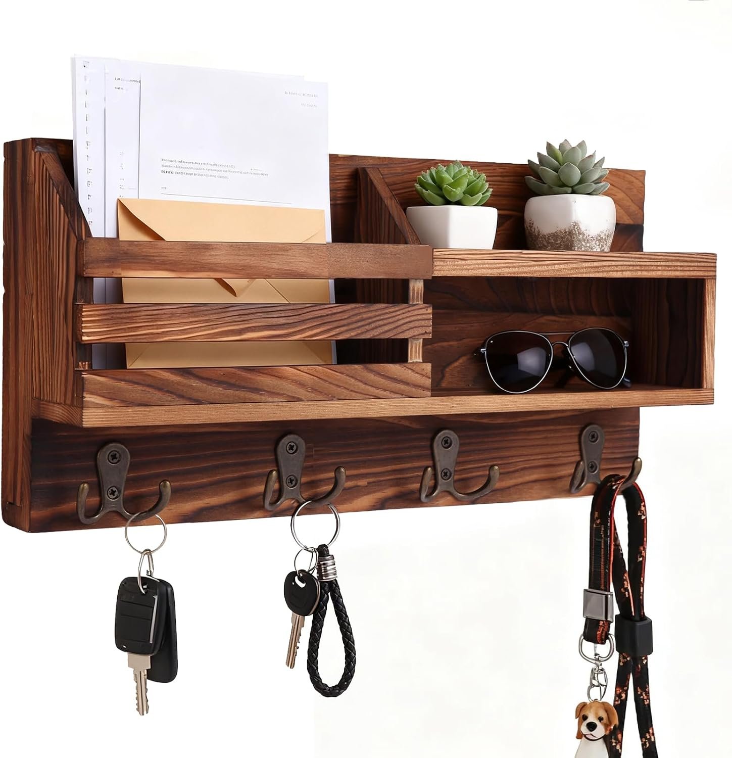 Solid Wood Key and Mail Holder for Wall, Brown
