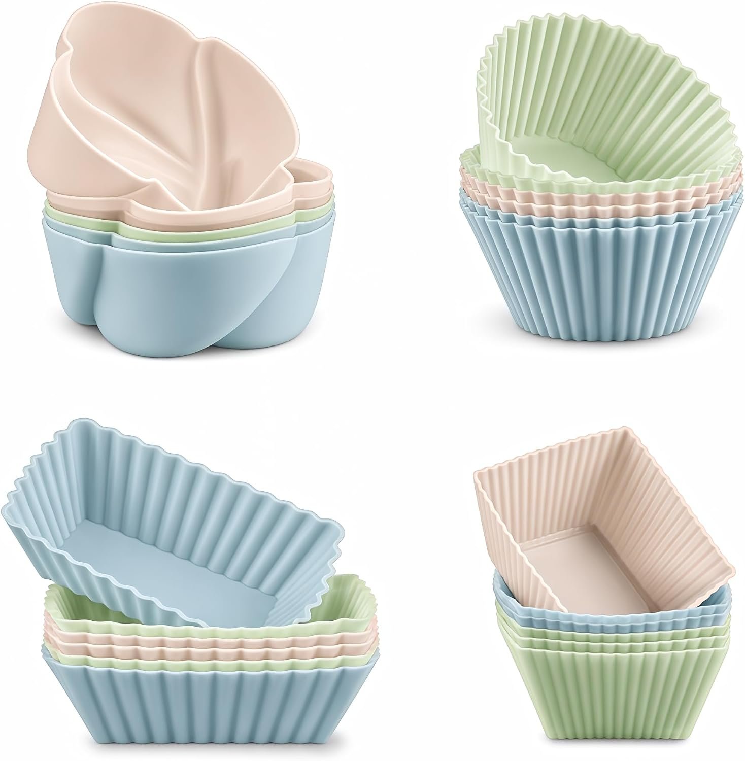 CAKETIME Silicone Baking Cups Cupcake Liners – 24 Pcs Reusable Silicone Molds Including Round, Rectanguar, Square, Flower Food Grade Silicone