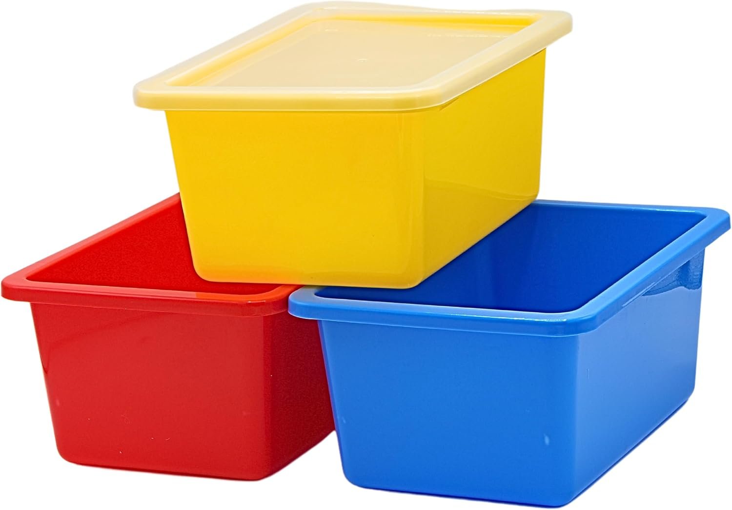 4E’s Novelty Plastic Storage Bins with Lids, 5 Qt, 3 Pack, Colorful Plastic Cubby Storage Bins, Stackable Organizer Cubbies for Classroom Organization and Storage or Home (11.4″ x 7.75″ x 5″)