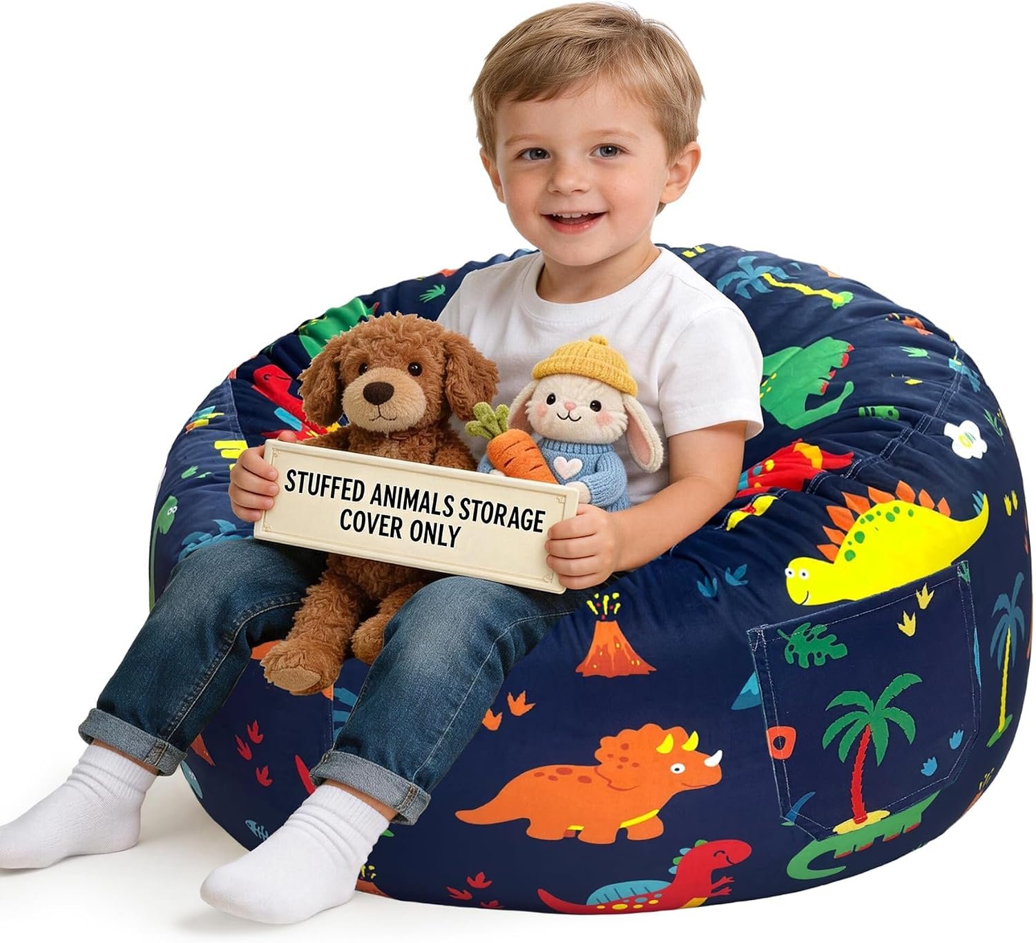 Lukeight Stuffed Animal Storage Bean Bag Chair Cover for Kids (No Filler), Velvet Plush Toy Organizer Seat, Long YKK Zipper, Side Pocket, Large 27″D x 16″H