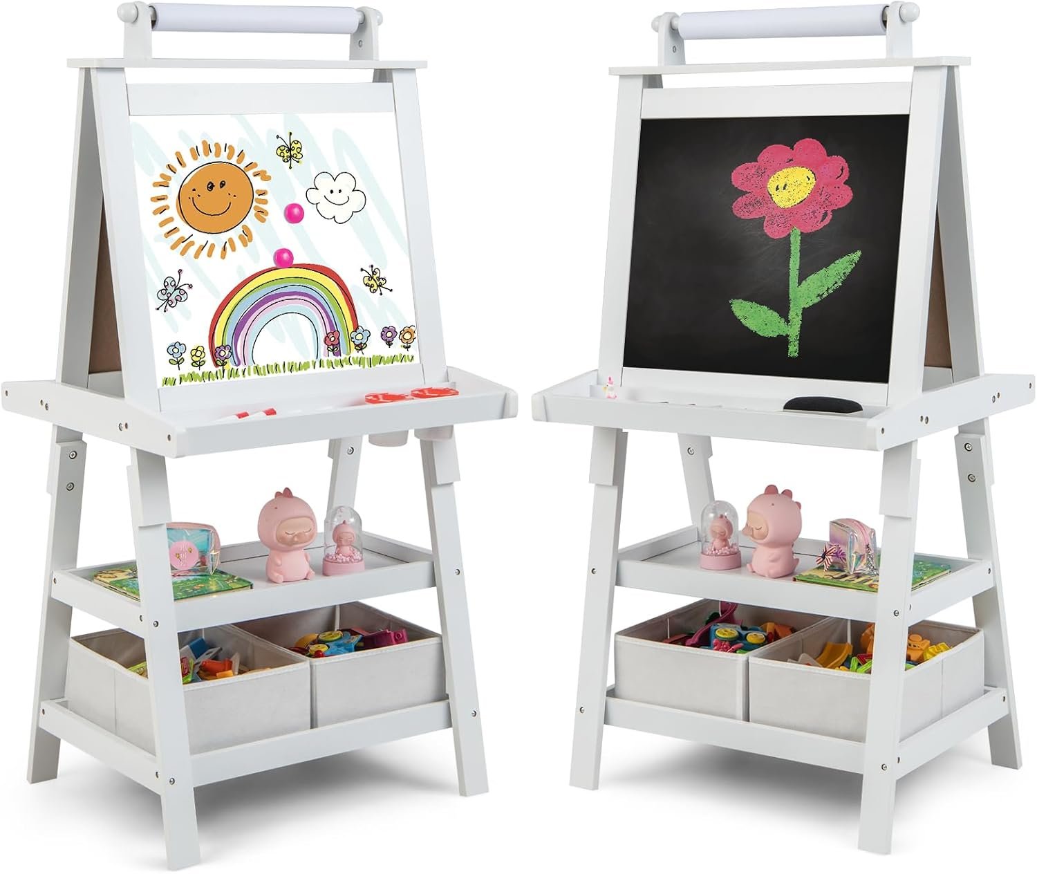 Costzon Kids Art Easel, 3 in 1 Double-Sided Painting Easel w/Magnetic Whiteboard, Chalkboard & Paper Roll, 2-Tier Storage Rack & 2 Boxes, Standing Easel for Kids Toddlers, Gift for Boys, Girls (White)