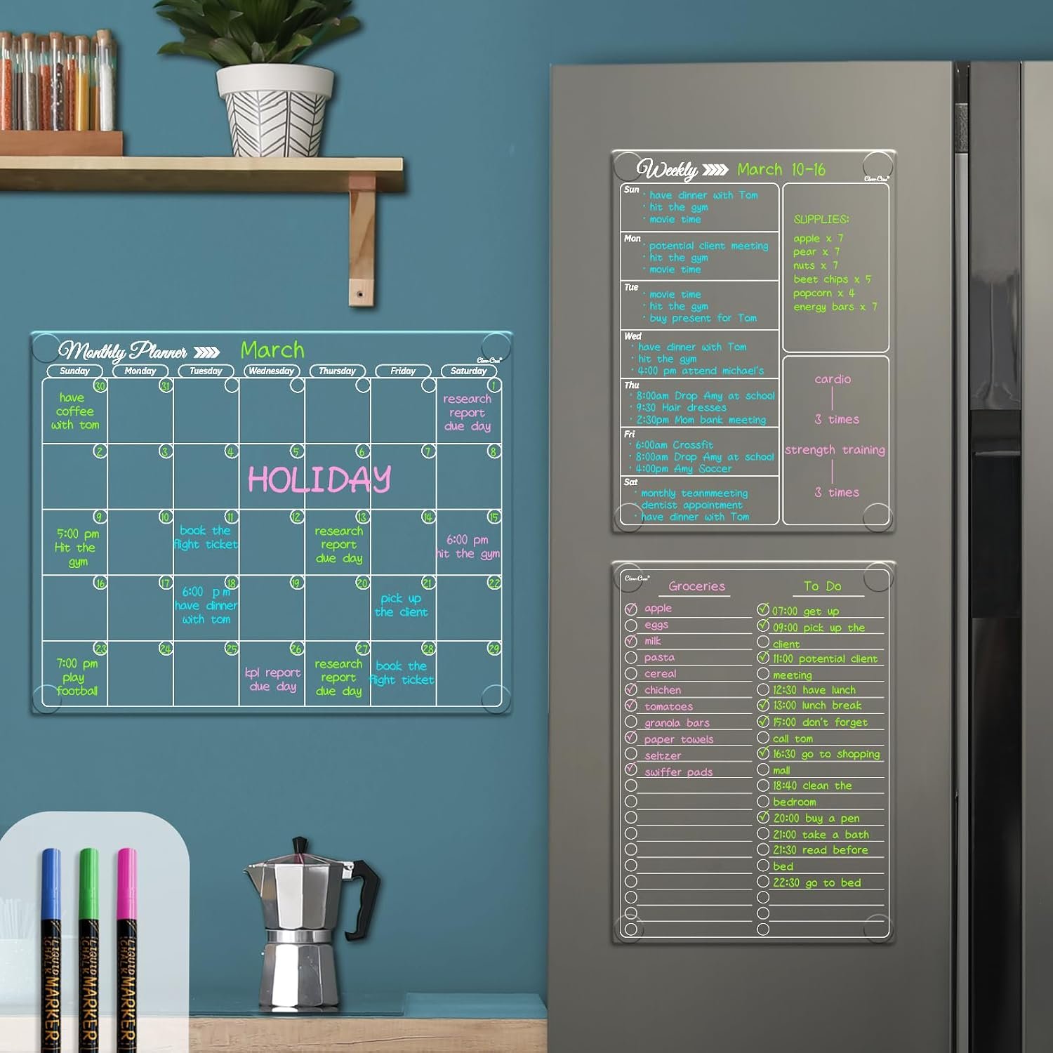 Clear Non-Magnetic Calendar Set for Fridge – Dry Erase Transparent Monthly, Weekly Calendar and List Board – Sticks to Wall, Glass, Door, Any Smooth Surfaces