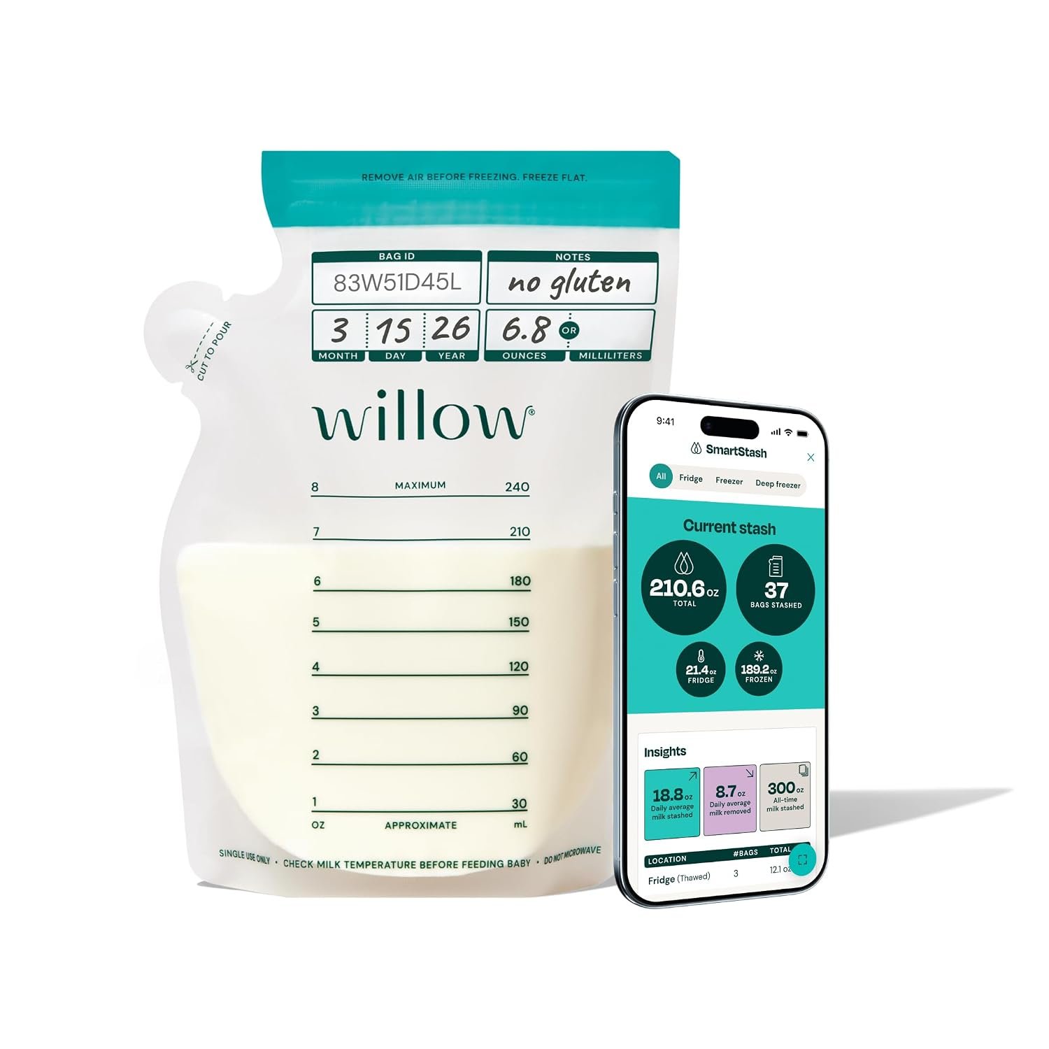 Willow – 8oz Breast Milk Storage Bags with SmartStash Tracking – 50 Count