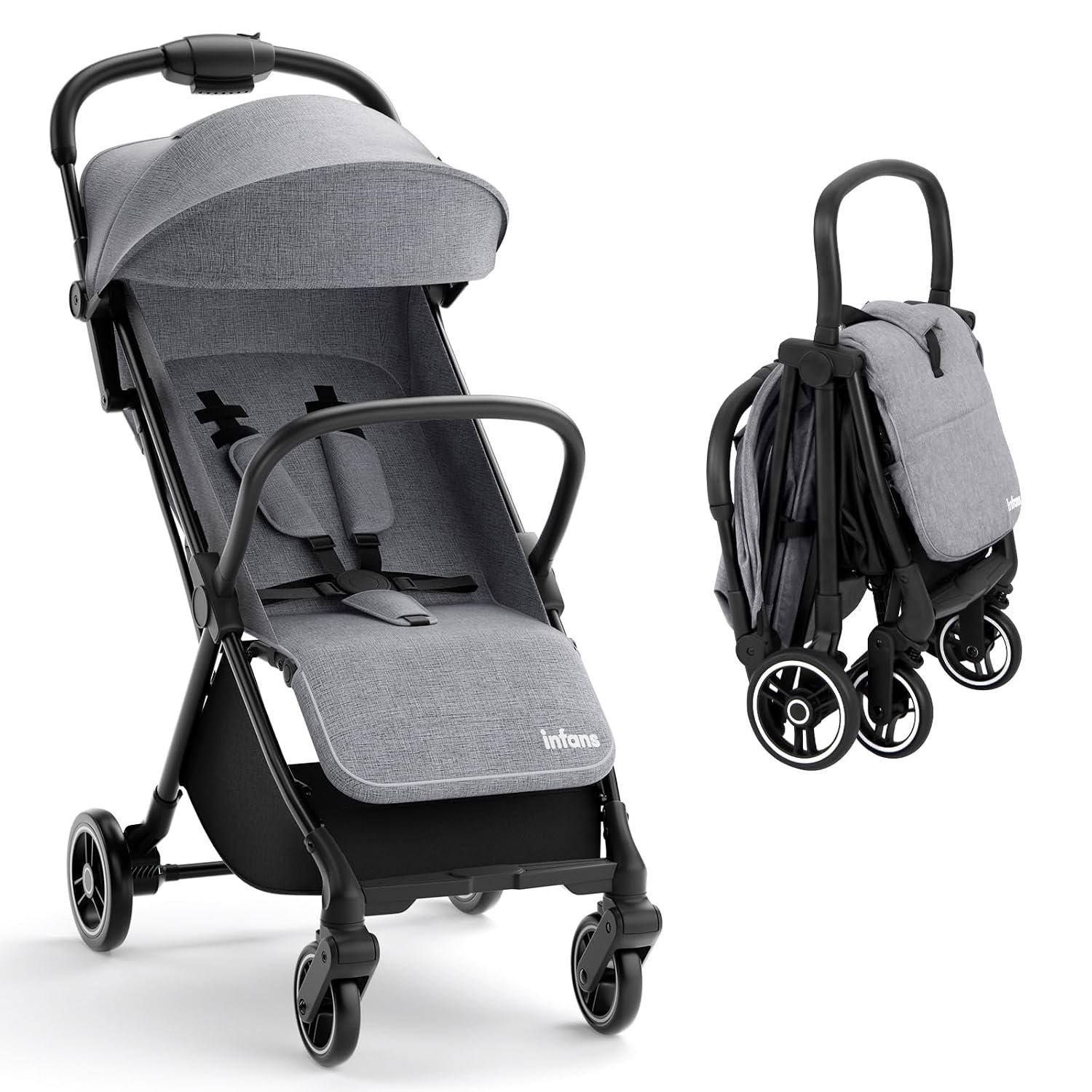INFANS Ultra-Compact Fold Airplane Ready Travel Stroller, One-Hand Gravity Fold Near Flat Recline Seat, Foldable Toddler Stroller for Infant 6-36 Month