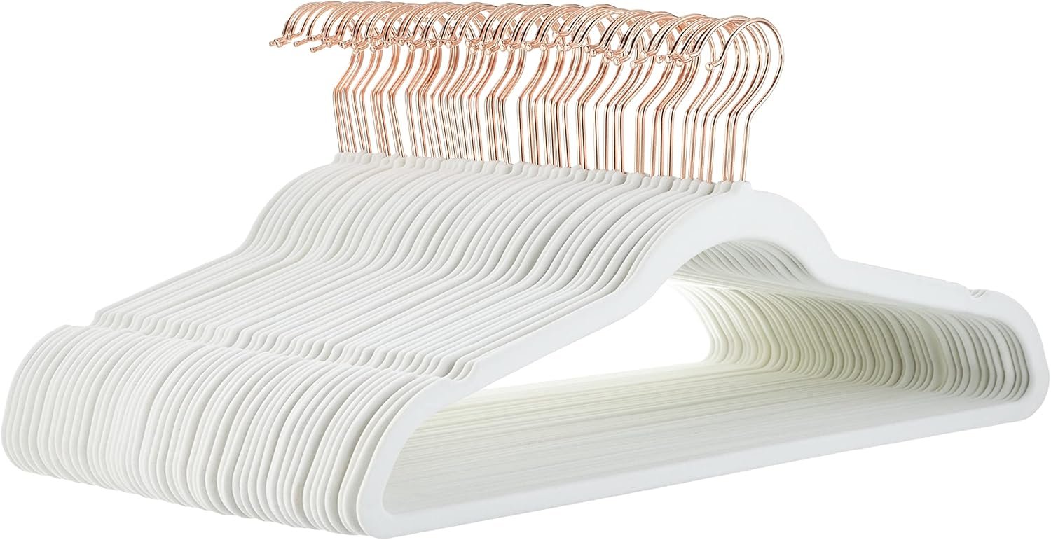 Amazon Basics Slim Velvet Non-Slip Space Saving Suit Clothes Hangers, Closet Organizer, Sturdy Construction, Ivory/Rose Gold, 50-Pack