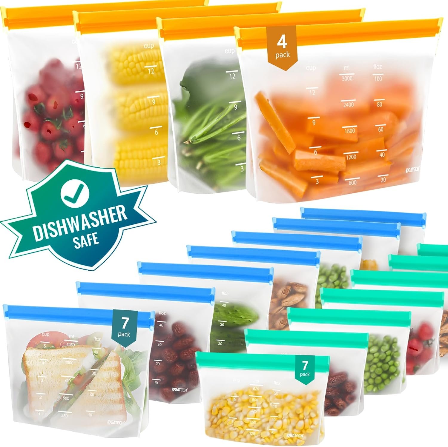 IDEATECH 18Pack Reusable Food Storage Bags, Reusable Freezer Bags Stand Up