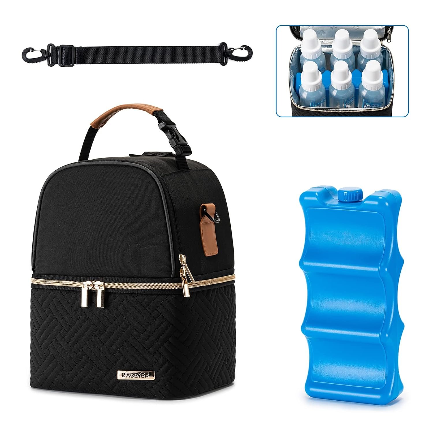 Breastmilk Cooler Bag with Ice Pack Fits 6 Baby Bottles up to 9 Ounce, Breast Milk Pump Cooler Bag with Shoulder Strap for Nursing Mom Daycare, Work, Travel- Black